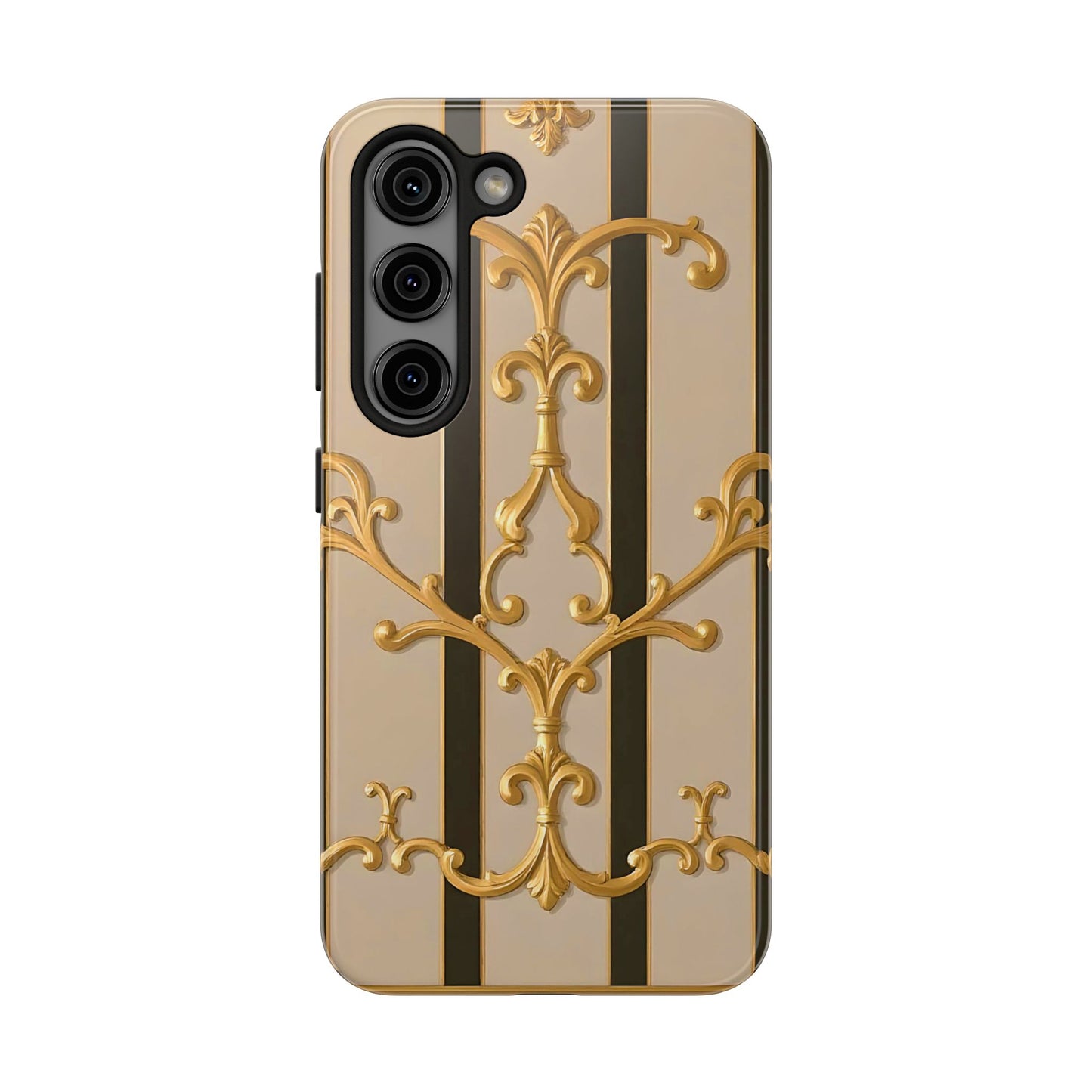 Elegant Vintage Tough Phone Case, Stylish Phone Cover, Boho Accessories, Perfect Gift for Her - Beige Striped Gold Rococo