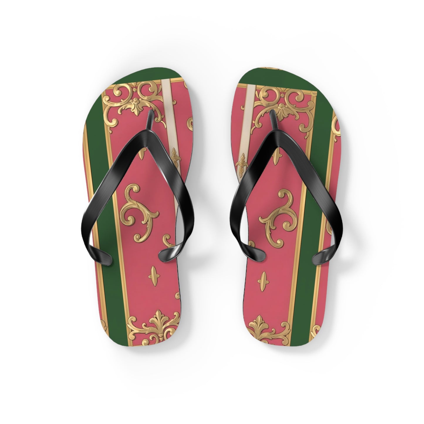 Elegant Green Border Pink Striped Baroque Flip Flops, Summer Footwear, Vacation Sandals, Beach Accessories, Stylish Thong Slippers