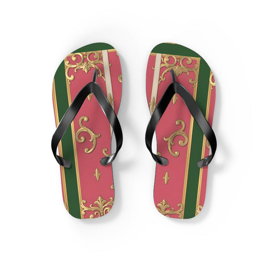 Elegant Green Border Pink Striped Baroque Flip Flops, Summer Footwear, Vacation Sandals, Beach Accessories, Stylish Thong Slippers