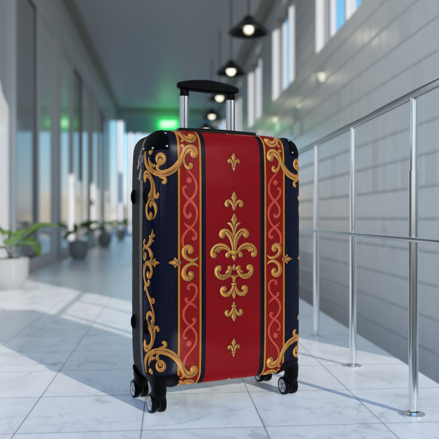 Elegant Travel Suitcase - Stylish Luggage for Jetsetters, Vacationers, Business Travel, Holidays, Gift Idea - Midnight Blue & Dusk Red Gold Baroque