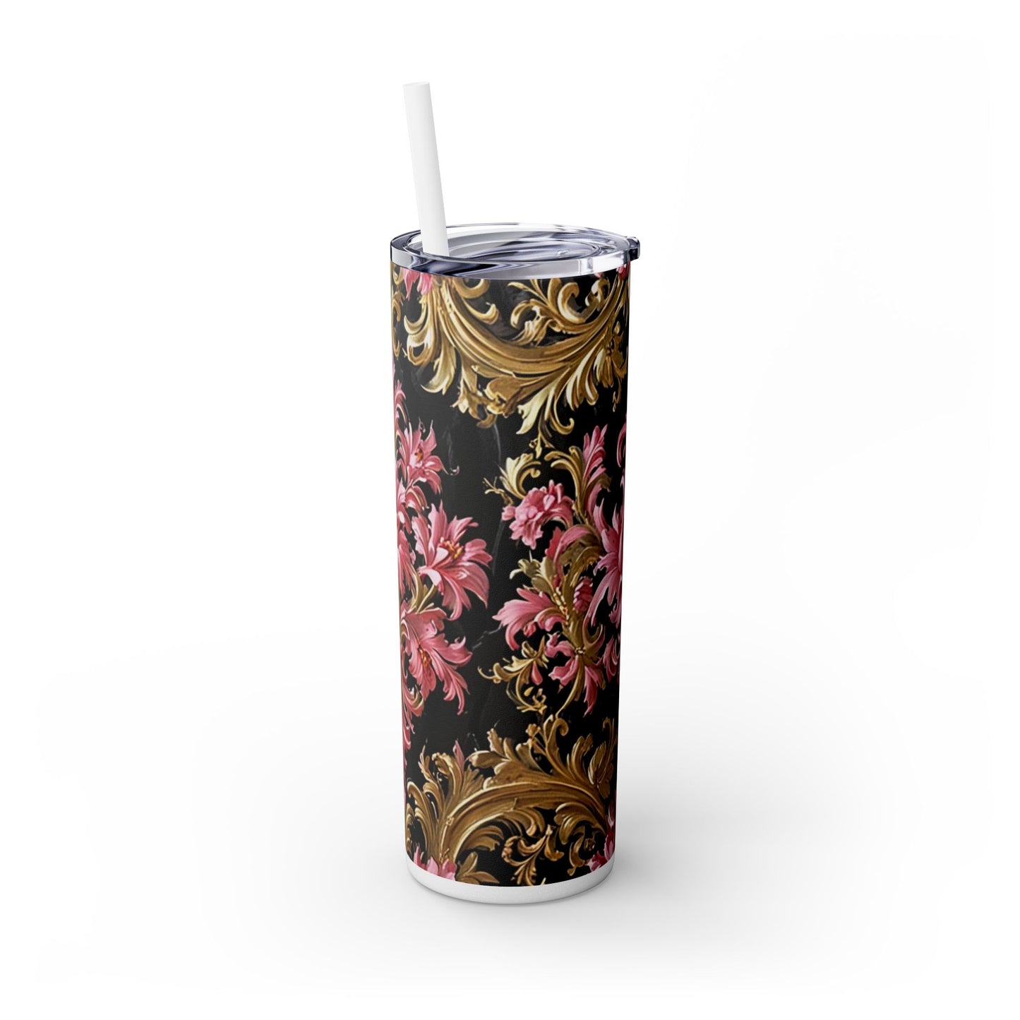 Chic Floral Skinny Tumbler with Straw, 20oz - Elegant Drinkware for Tea Lovers, Travel Mugs, Gifts for Her - Black & Pink Oil Painting Style Rococo