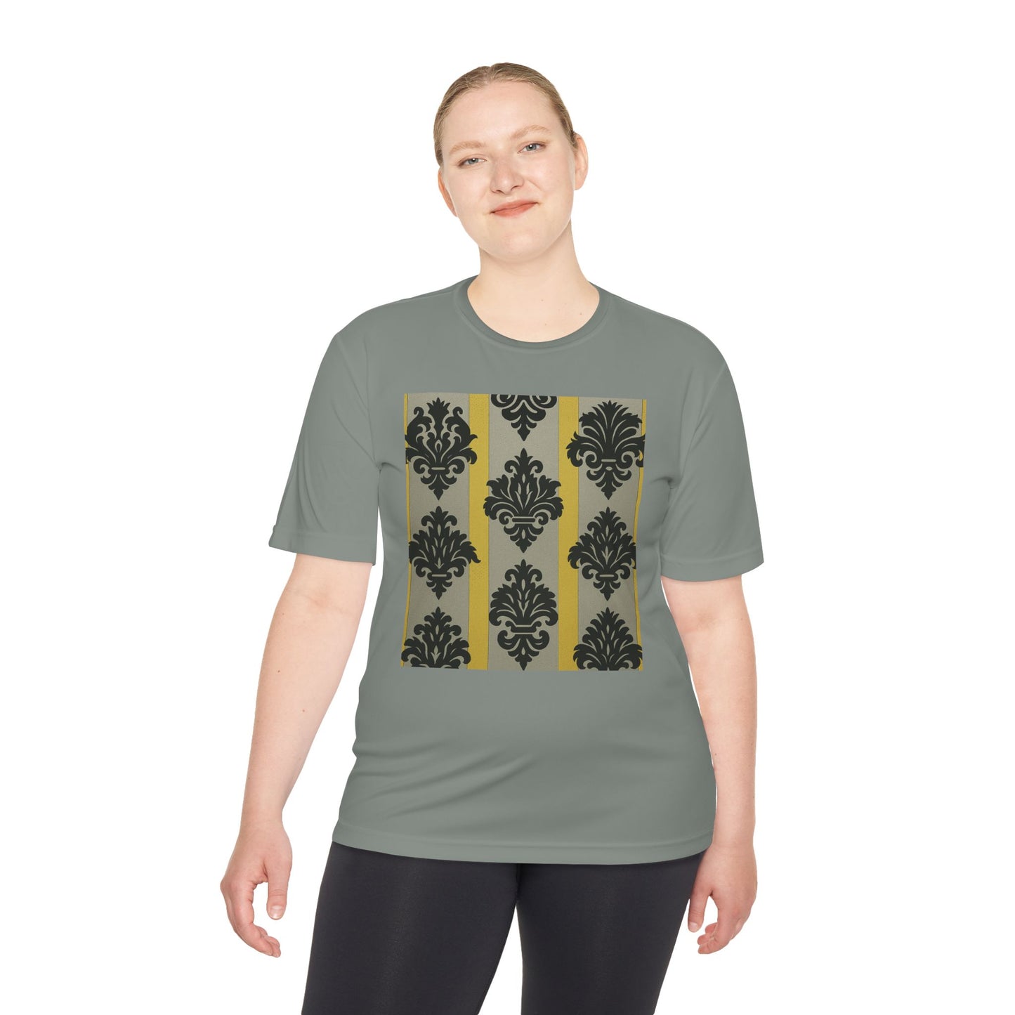 Elegant Patterned Unisex Moisture Wicking Tee, Activewear, Casual Tee, Gift for Him/Her, Stylish Sportswear - Silver & Gold Striped Black Baroque