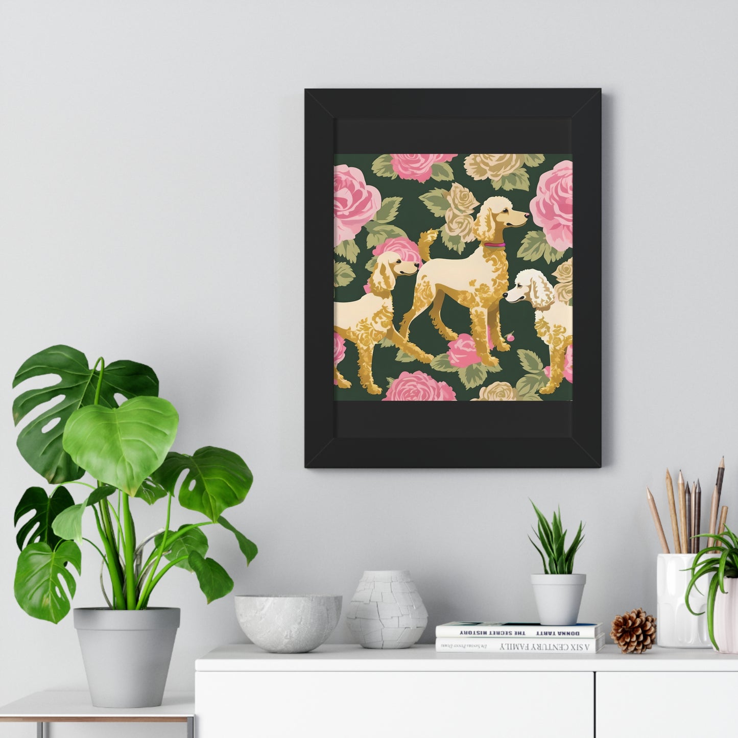 Vertical Poster - Stylish Framed - Art for Home Decor - Poodles In Dark Green & Pink Roses