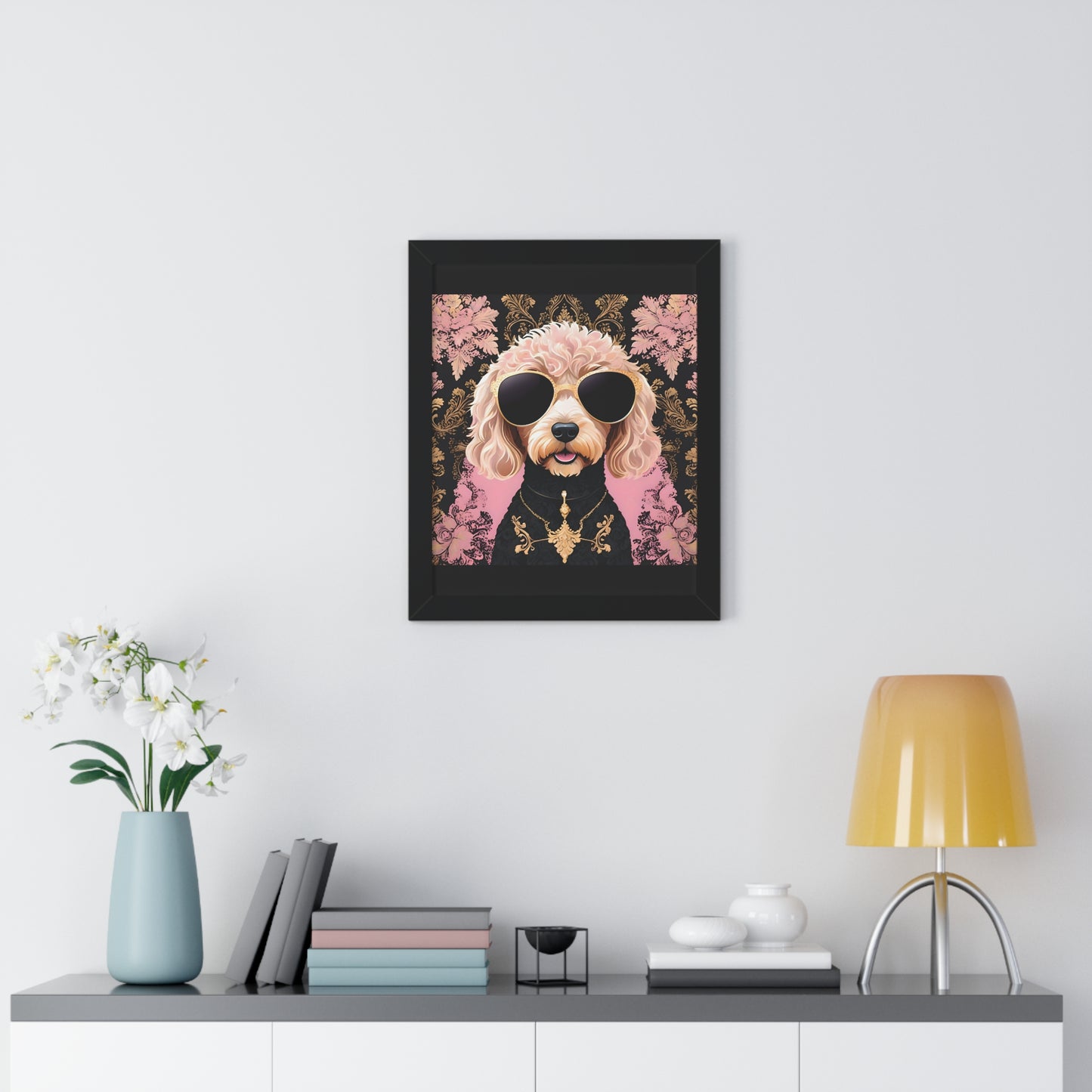 Vertical Poster - Golden Doodle in Damask and Shades - Wall Art - Kid Friendly