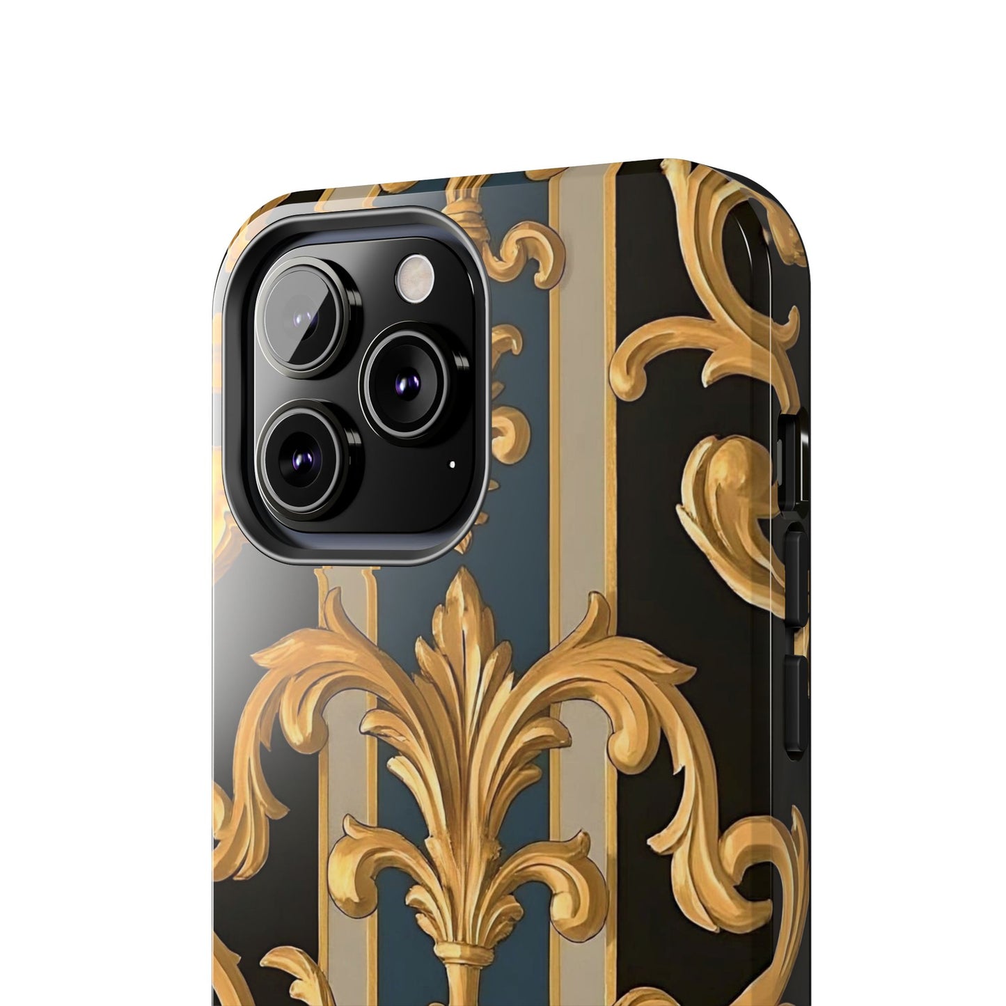 Elegant Rococo Phone Cases, Tough iPhone Case, Floral Design Case, Luxury Phone Cover - Blue & Black Striped Rococo