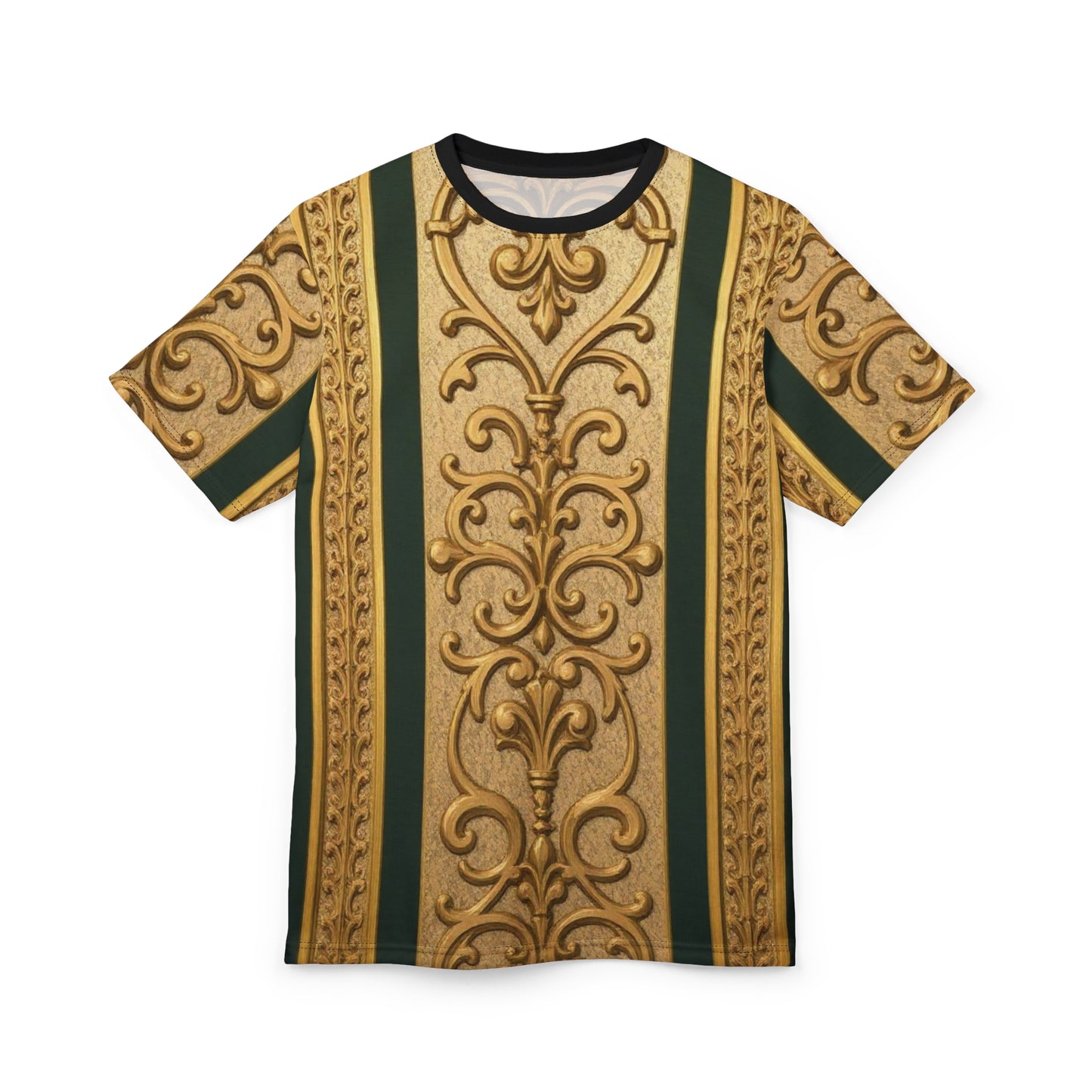 Elegant Teal Striped Gold Baroque Ornate Unisex Tee, Boho Chic Shirt, Gift for Art Lovers, Unique Art Top, Fashion Statement Tee