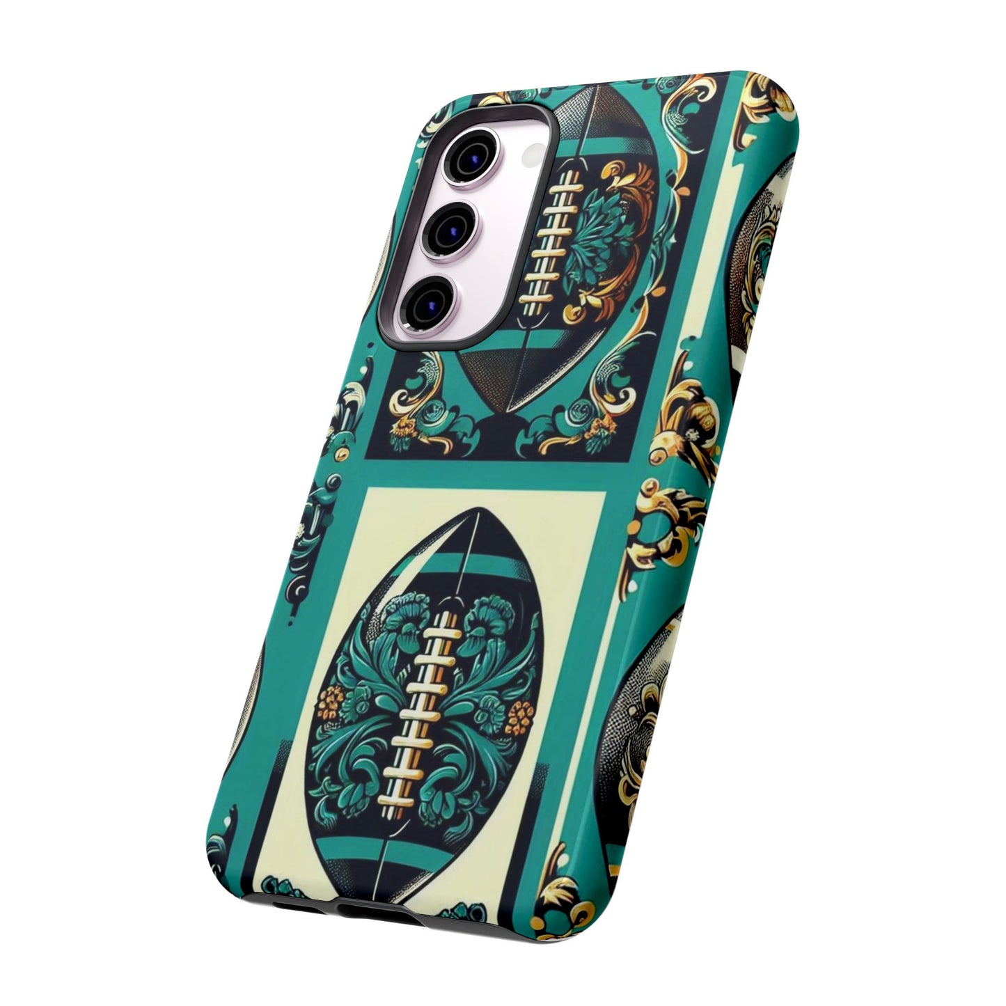 Elegant Floral Motif Phone Case - Tough Cases with Vintage Design -  Damask Teal, Gold & Black Footballs