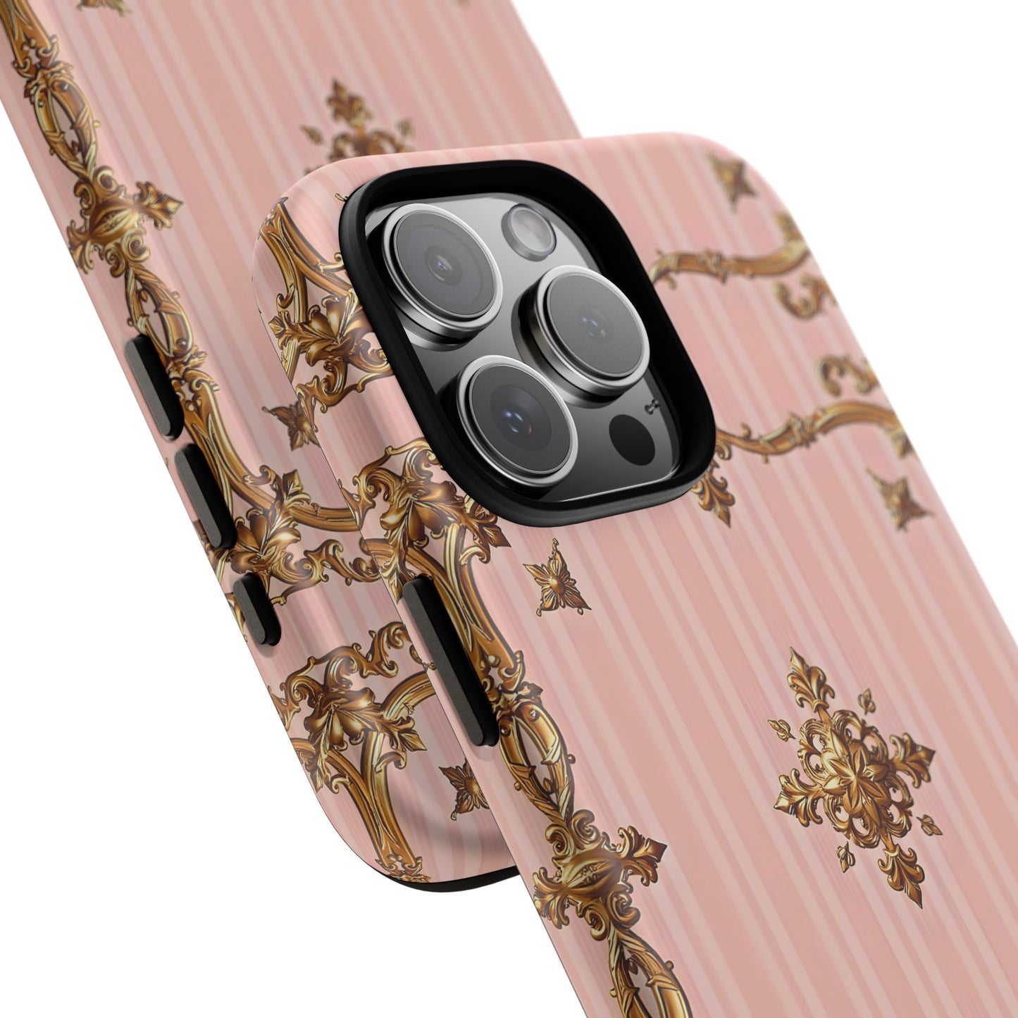 Elegant Floral Phone Case, Tough Cases for Women, Trendy Phone Cover, Chic Gift - Pink Striped Gold Baroque