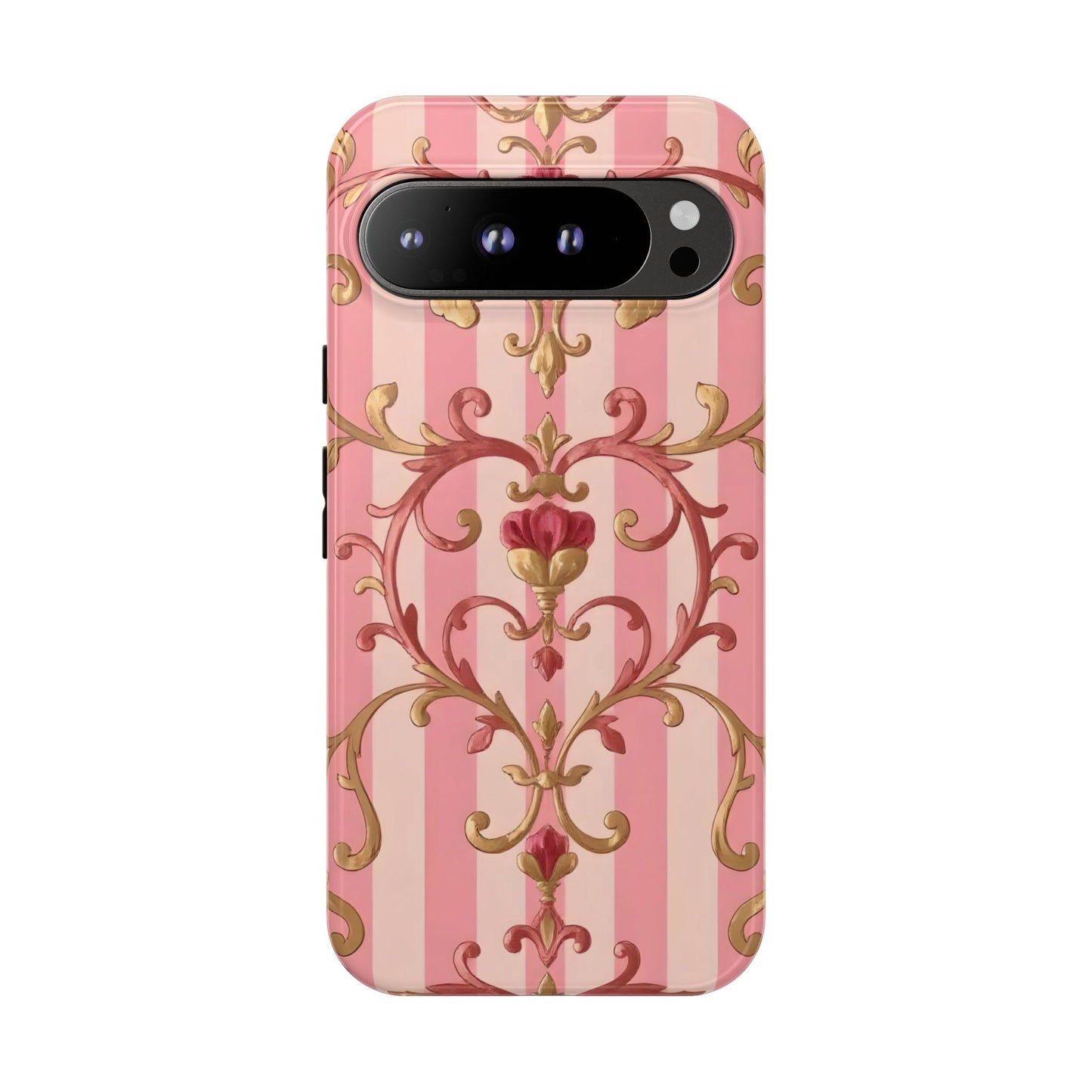 Elegant Floral Motif Phone Case - Tough Cases with Vintage Design - Pink Striped Rose Gold Damask