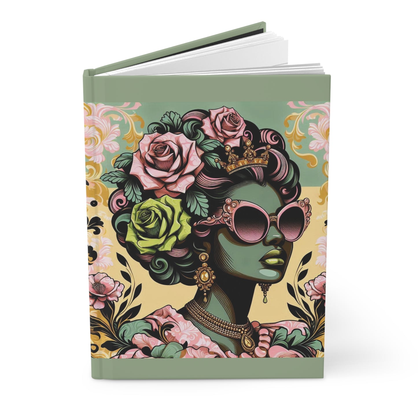 Elegant Floral Hardcover Journal - Stylish Writing Notebook - Mint Green Lady With Damask & Roses Design