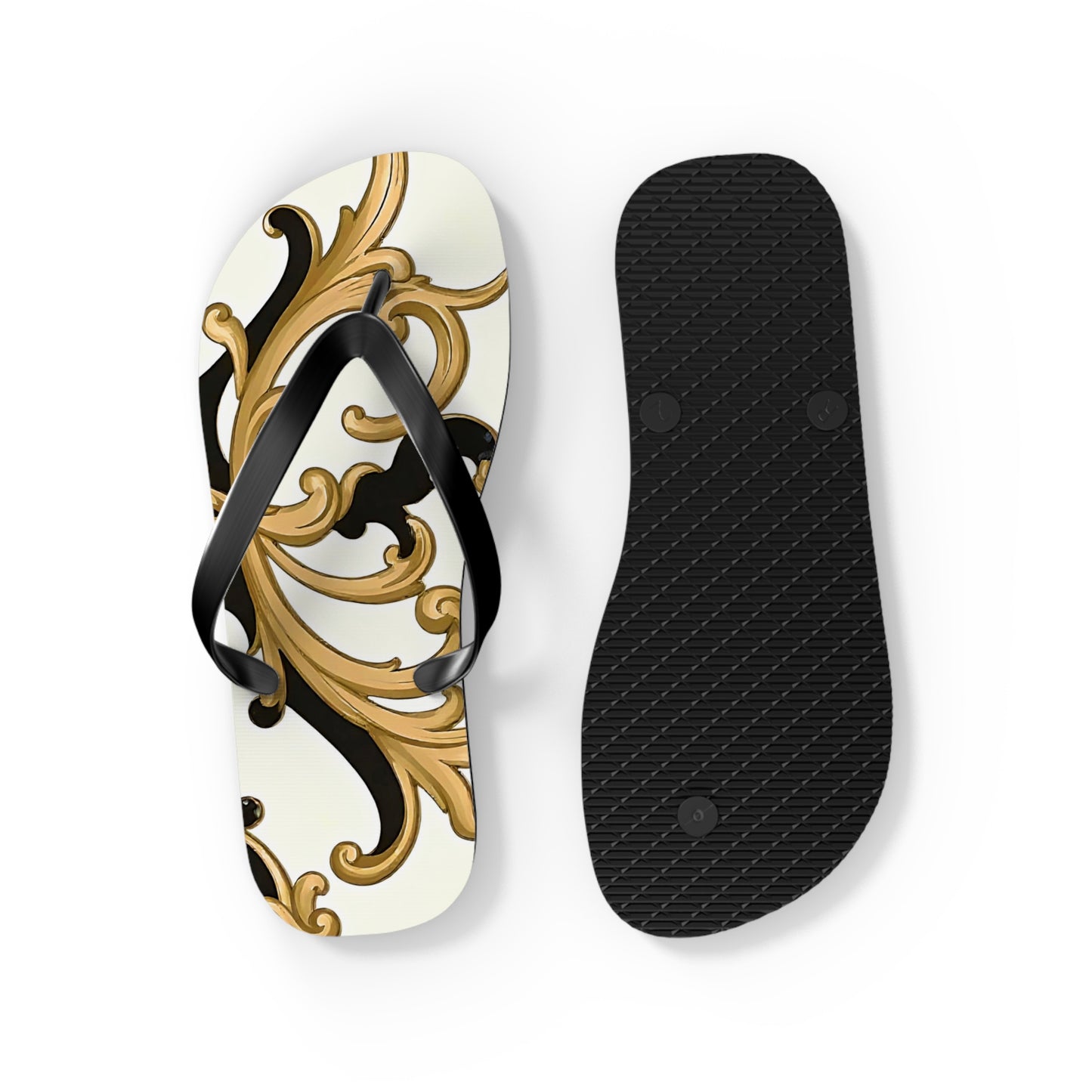 Elegant Floral Flip Flops, Beach Sandals, Summer Casual Footwear, Vacation Essentials, Poolside Accessories, Gift for Her - Black & Gold Rococo