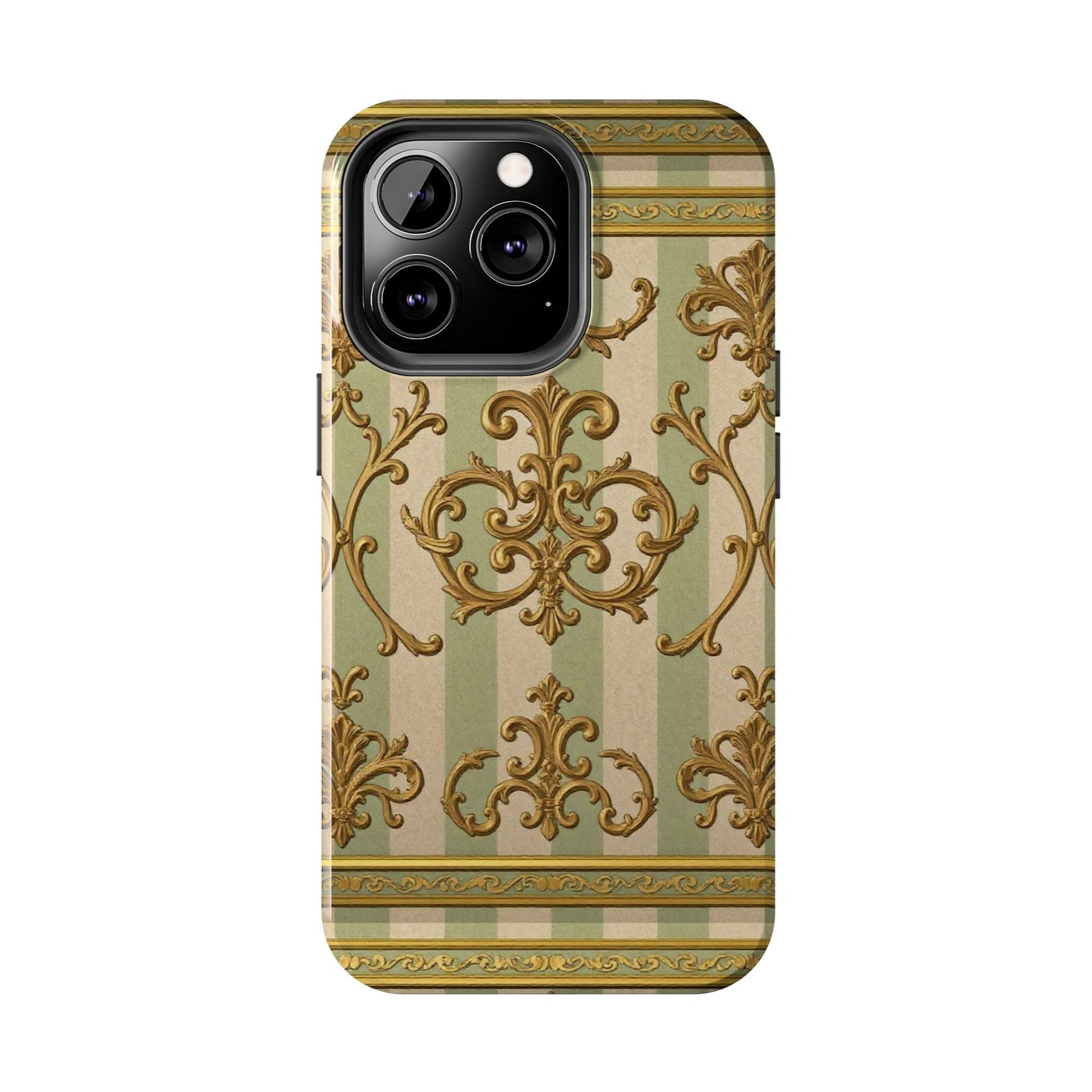 Vintage Elegance Phone Case, Tough Phone Cases for Style, Gift for Birthdays, Stylish Protection - Mint Green & Beige Striped Gold Baroque
