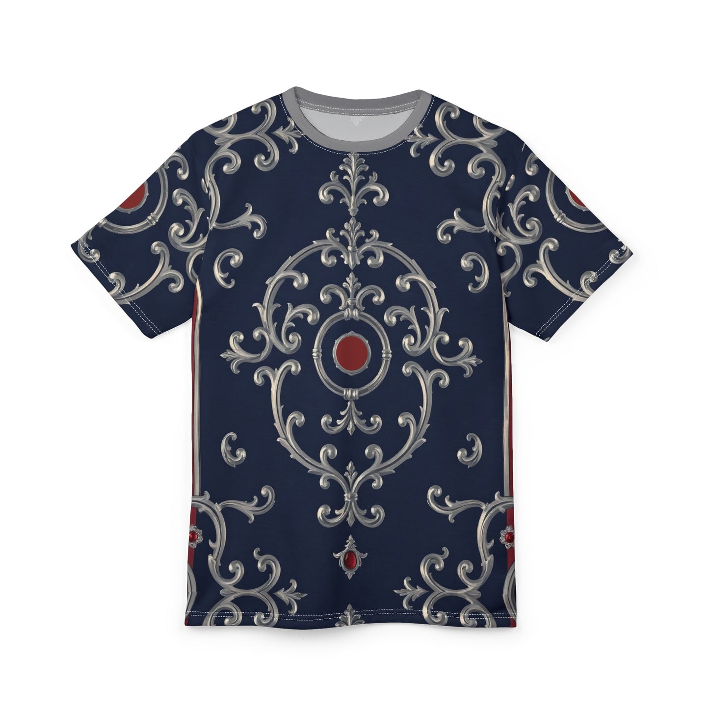 Elegant Unisex Cut & Sew Tee, Stylish AOP T-Shirt for Casual Wear, Unique Graphic Tee - Blue & Red Striped Silver Baroque