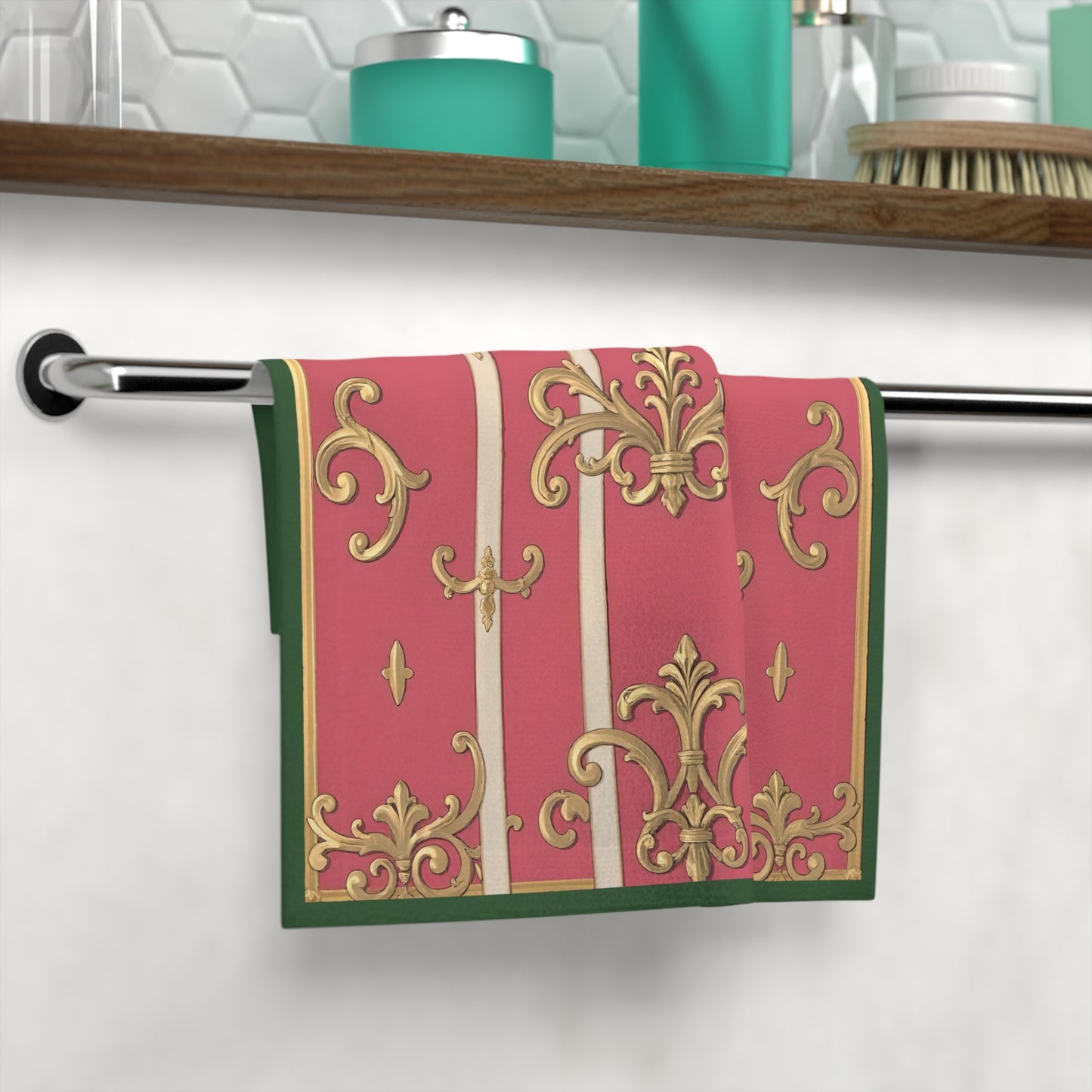 Elegant Green Border Pink Striped Baroque Decorative Face Towel - Luxurious Bathroom Accessory, Perfect Gift for Hostess, Weddings