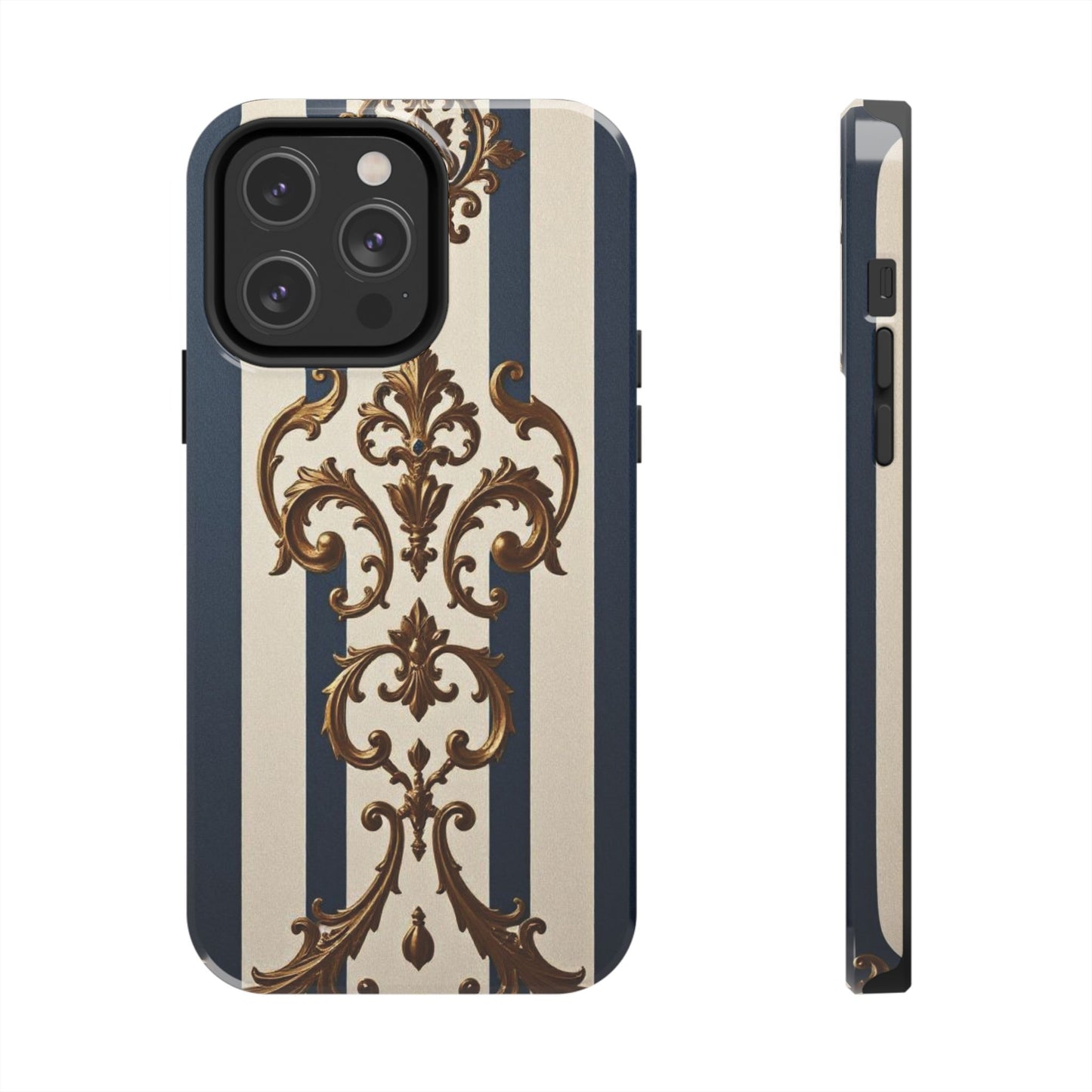 Damask Tough Phone Case - Alabaster & Blue Striped Damask