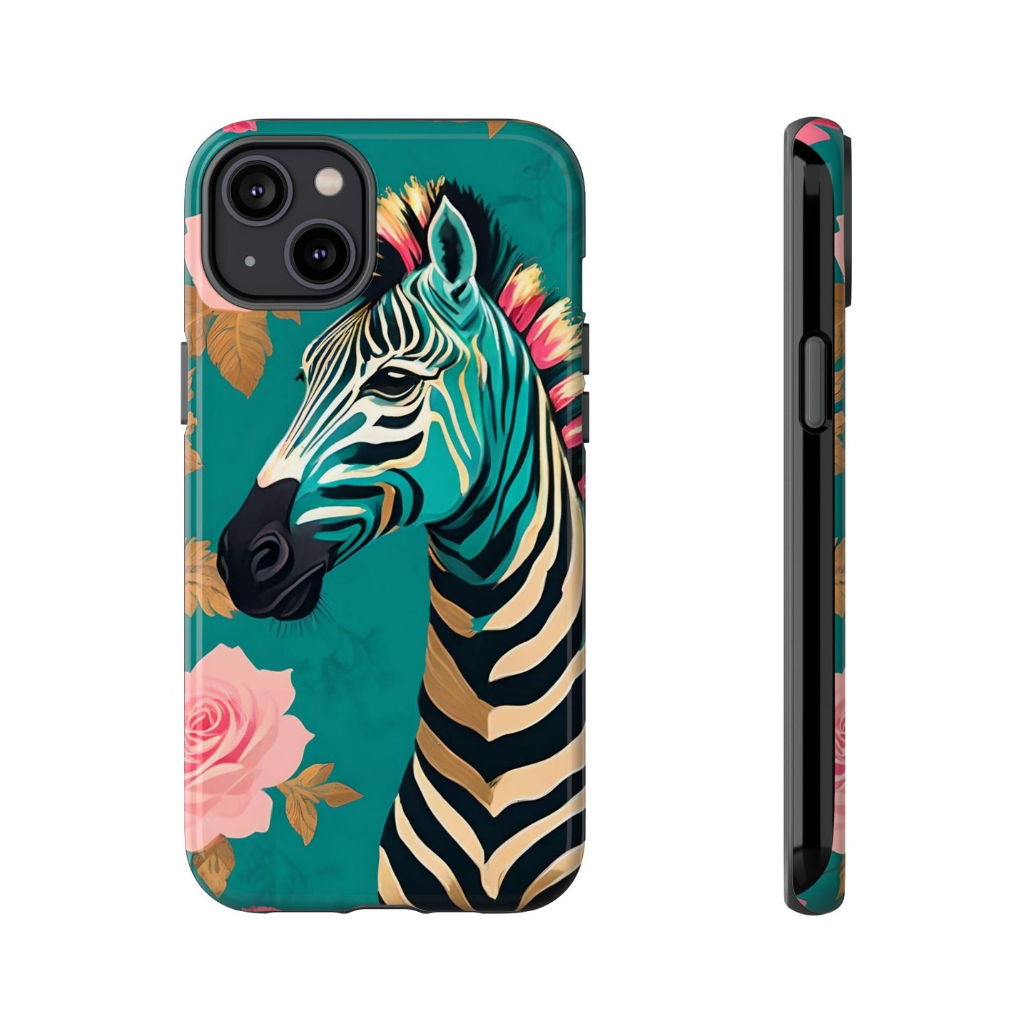 Phone Case - Elegant Teal & Gold Zebra & Roses Design