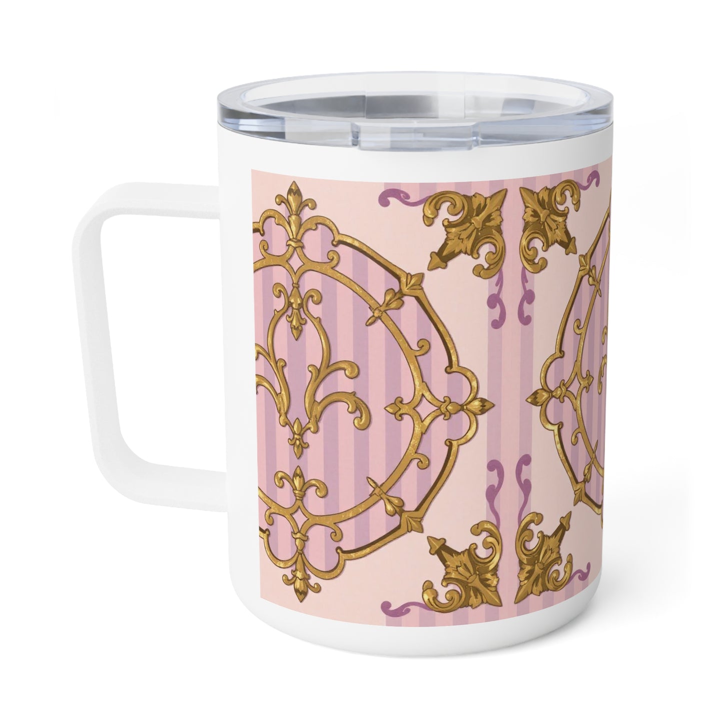 Elegant Lavender & Alabaster Striped Gold Baroque Insulated Coffee Mug | 10oz Decorative Drinkware, Floral Mug, Stylish Gift for Her