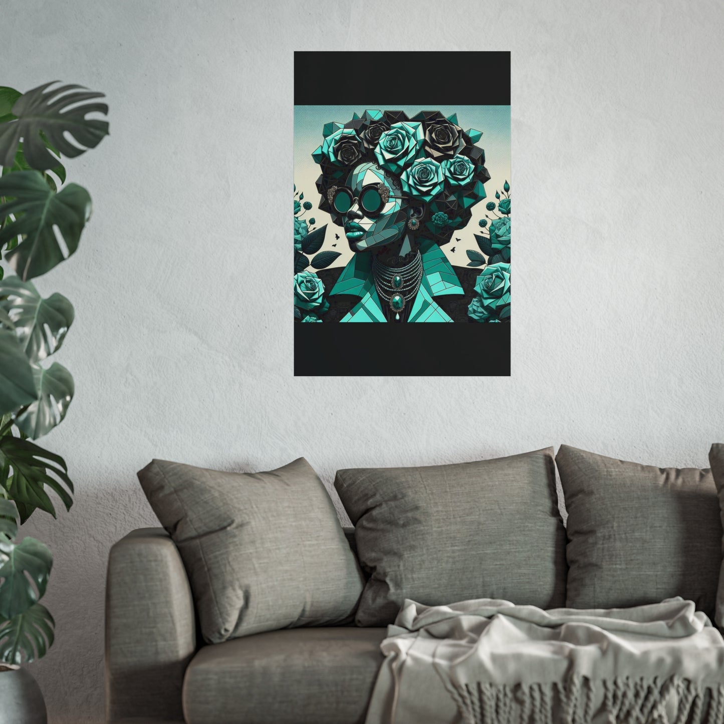 Chic Floral Fine Art Poster | Modern Wall Decor, Home Aesthetic, Gift for Art Lovers, Unique Room Makeover - Turquoise & Black Roses Lady