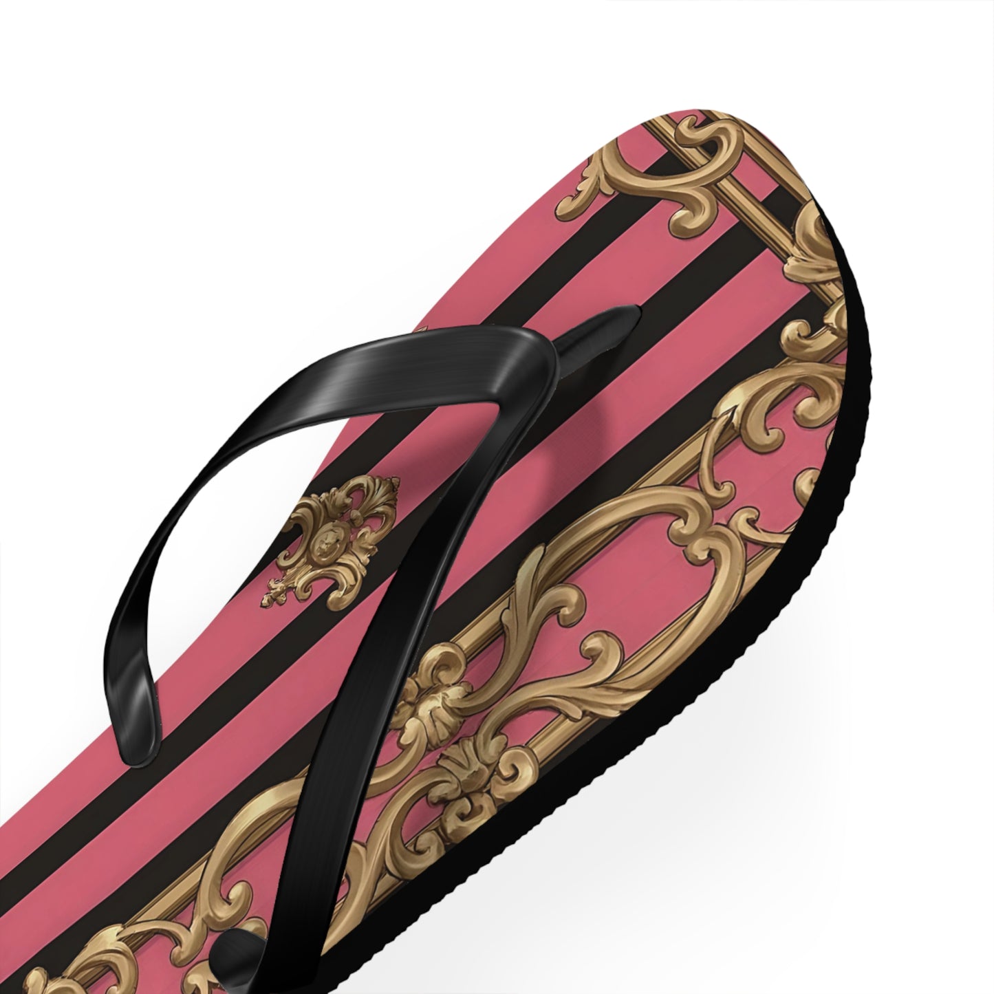 Chic Flip Flops, Stylish Summer Sandals, Beachwear, Poolside Accessories, Vacation Footwear, Trendy Casual Shoes - Pink Striped Gold Rococo