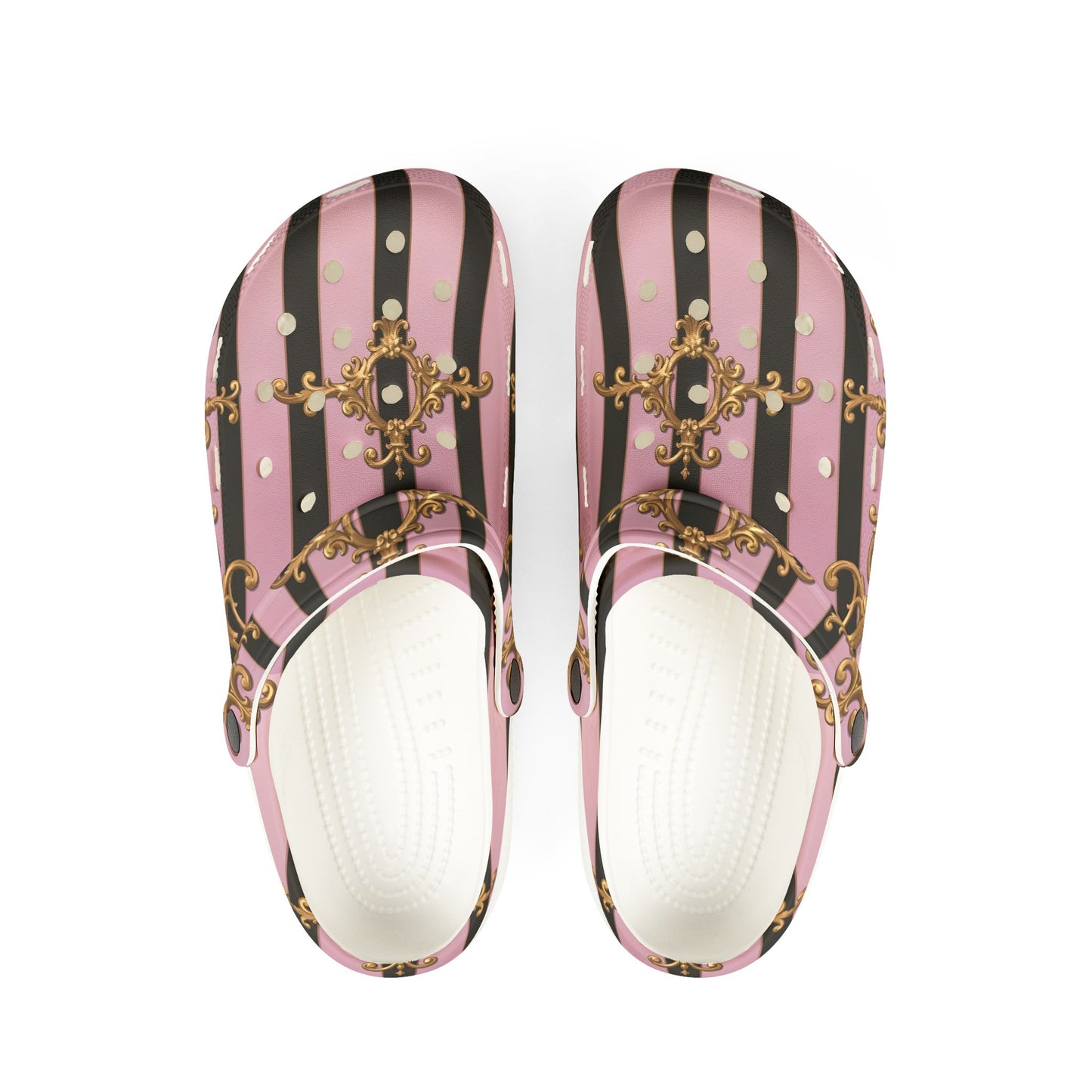 Chic Patterned EVA Foam Clogs, Stylish Garden Shoes, Fun Slip-On Footwear, Trendy Indoor - Matte Lavender & Black Striped Gold Baroque