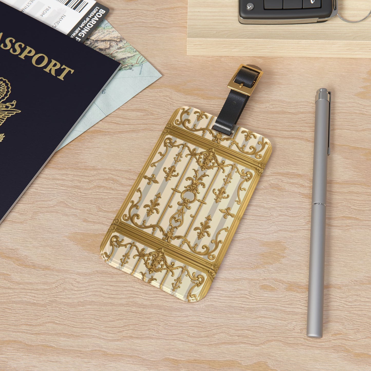 Elegant Vintage Luggage Tag, Travel Accessory, Personalized Baggage Identifier, Stylish Gift for Wanderlust - Matte Gray & Cream Striped Gold Baroque