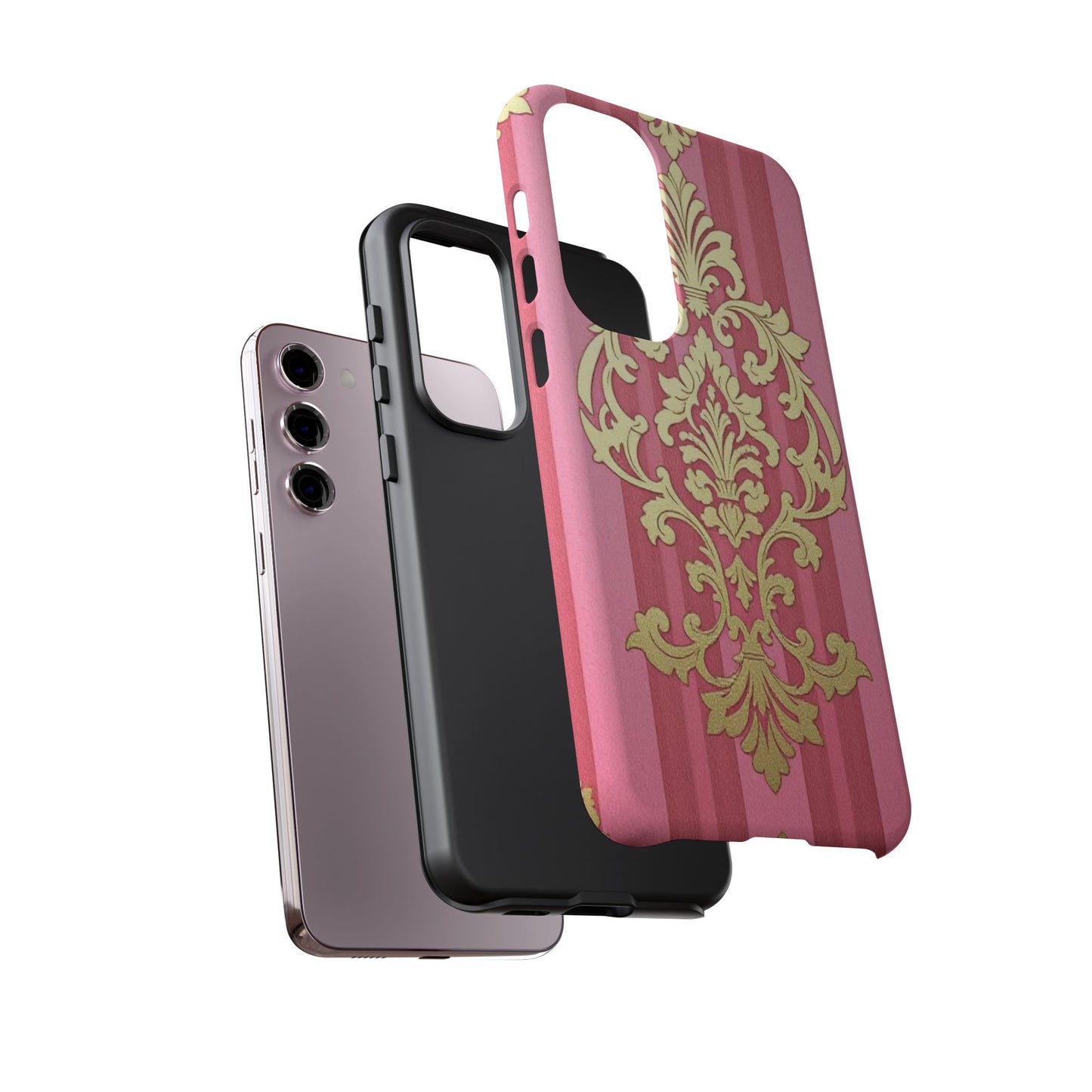 Elegant Floral Motif Phone Case - Tough Cases with Vintage Design - Pink Striped Damask