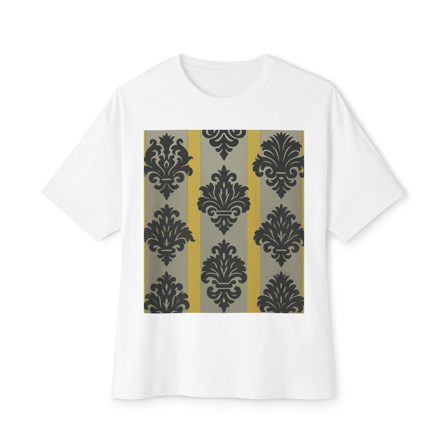 Chic Unisex Oversized Tee, Stylish Casual Wear, Statement Tee, Everyday Comfort, Fashion Gift - Silver & Gold Striped Black Baroque