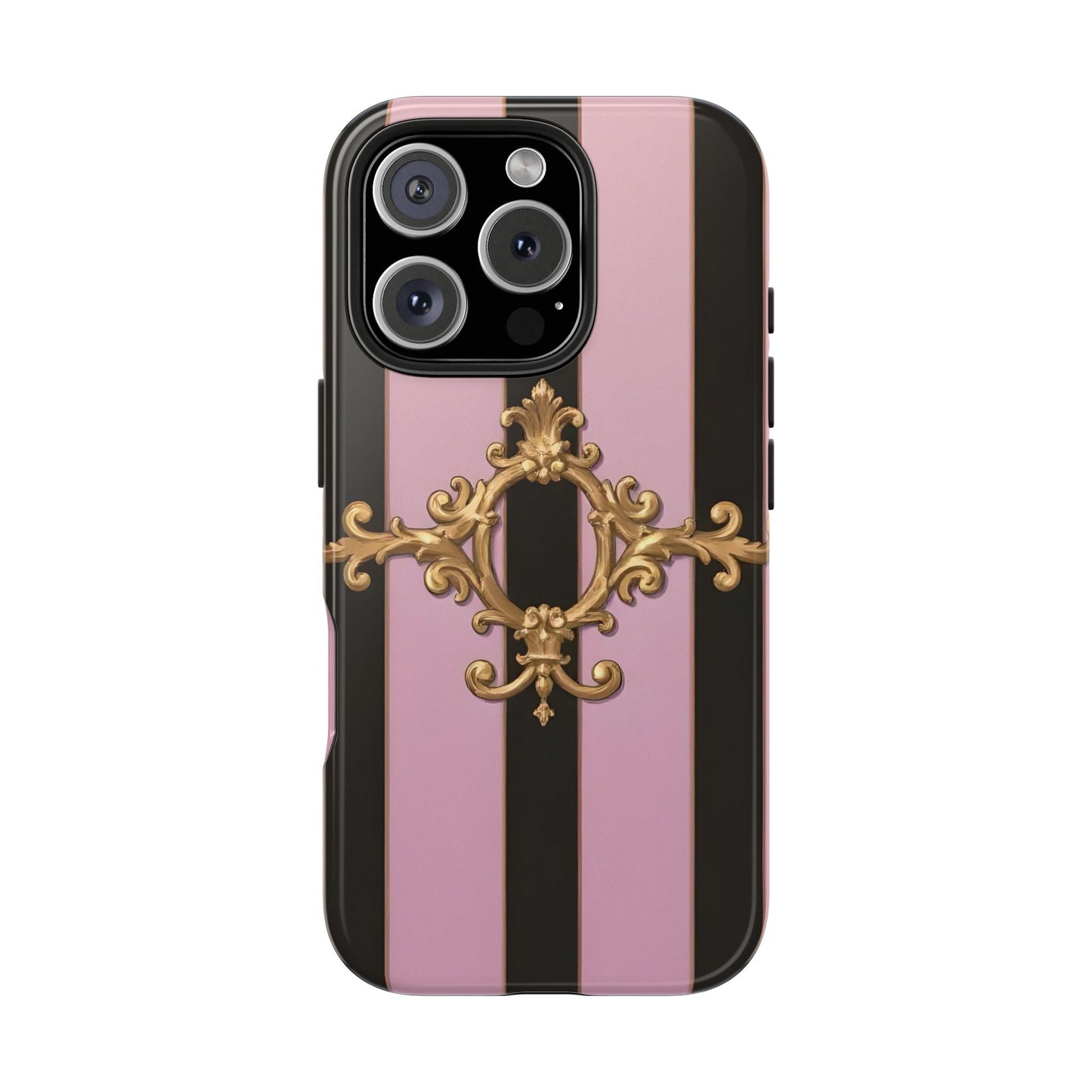 Stylish Tough Phone Case for Elegant Protection, Fashionable Accessories, Smartphone Cover - Matte Lavender & Black Striped Gold Baroque