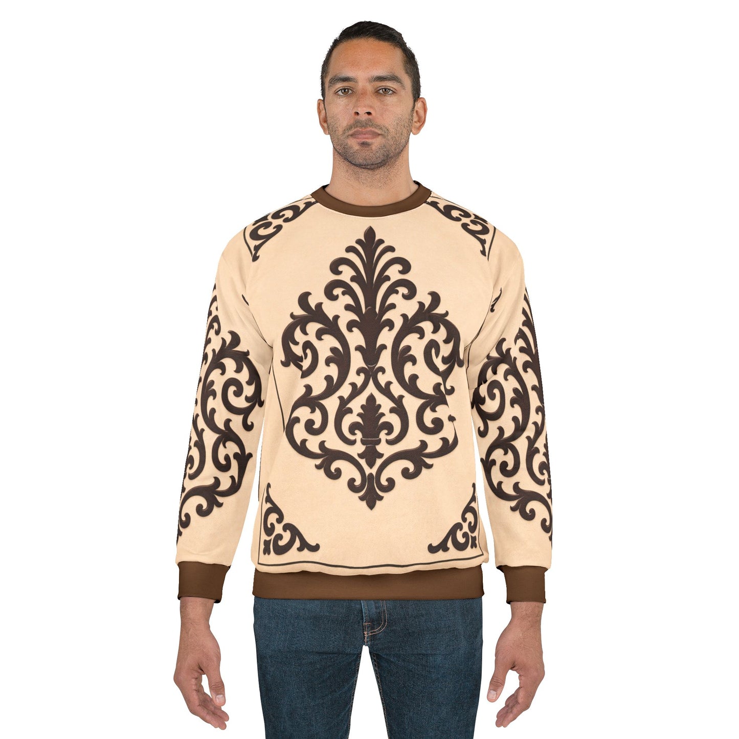Almond-Beige & Brown Baroque Sweatshirt – Vintage Scroll All-Over Print Crewneck