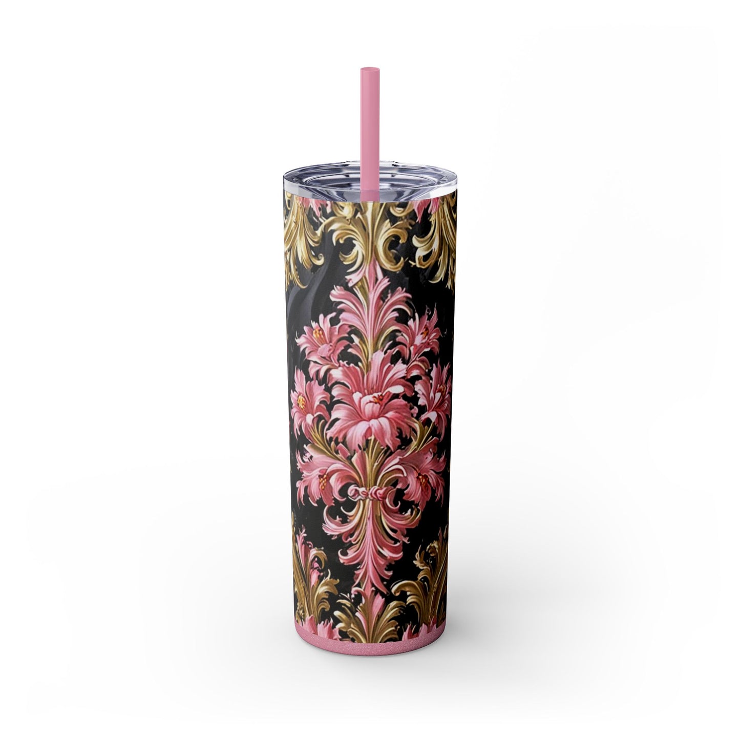 Chic Floral Skinny Tumbler with Straw, 20oz - Elegant Drinkware for Tea Lovers, Travel Mugs, Gifts for Her - Black & Pink Oil Painting Style Rococo