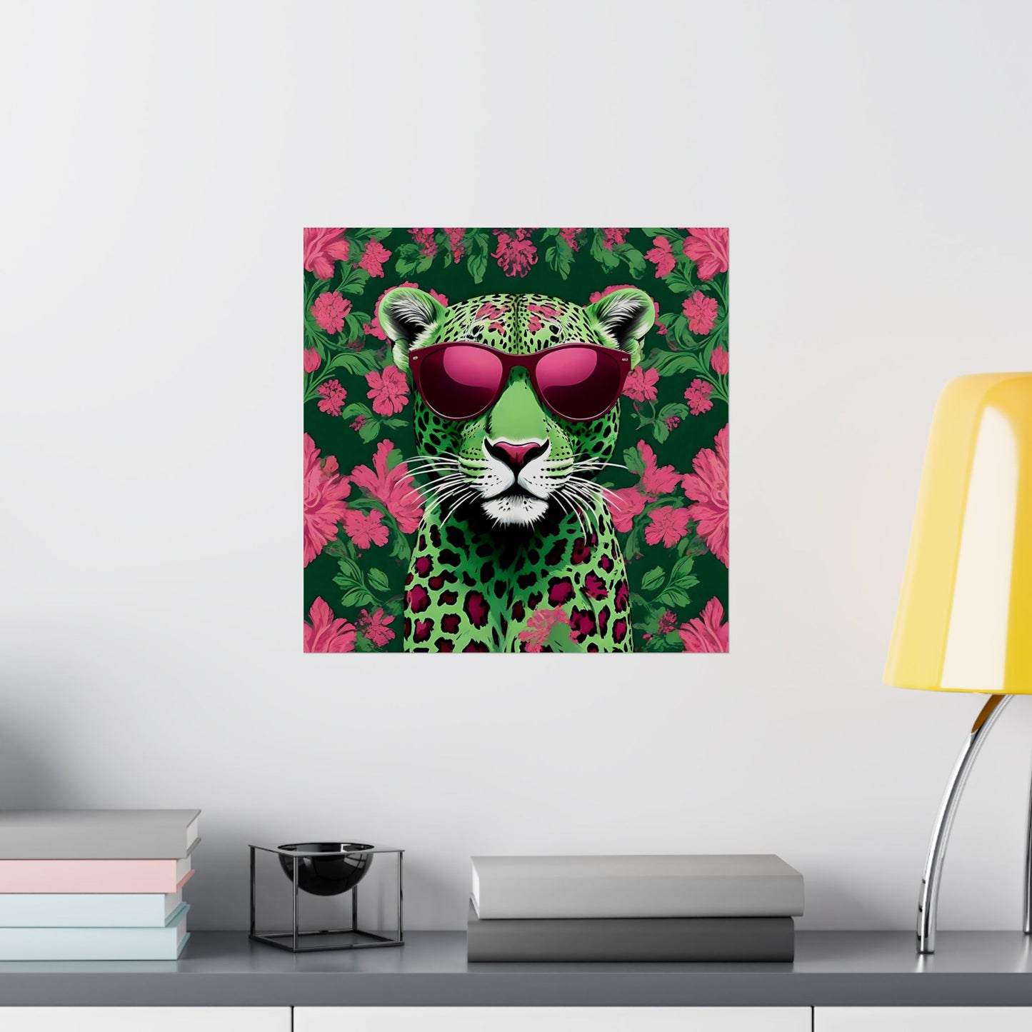 Floral Motif Art Poster - Elegant Matte Vertical Wall Decor - Lime Green & Burgundy Leopard In Sunglasses