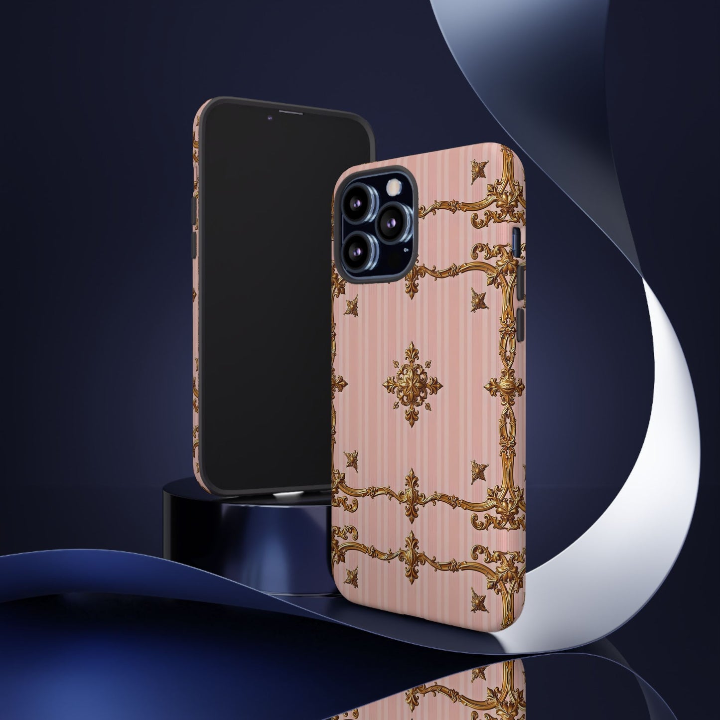 Elegant Floral Phone Case, Tough Cases for Women, Trendy Phone Cover, Chic Gift - Pink Striped Gold Baroque