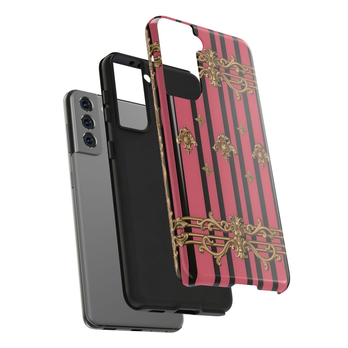 Elegant Floral Phone Cases, Stylish Protective Case for Trendy Individuals, Unique Gift for Tech Lovers, Phone Accessories - Pink Striped Gold Rococo