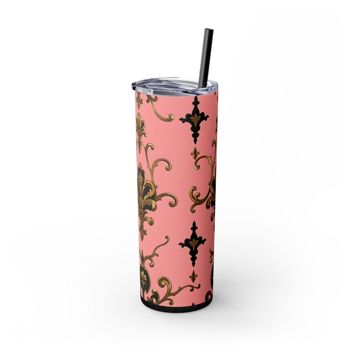 Elegant Pink Damask Skinny Tumbler, 20oz Drinkware, Stylish Reusable Cup, Travel Mug, Gift for Her, Home Decor - Pink, Black & Gold Rococo