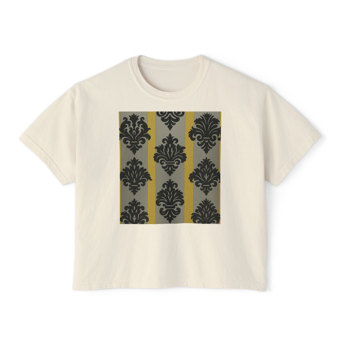 Chic Women's Boxy Tee - Stylish Casual Top, Vintage Graphic Tee, Trendy Summer Shirt, Gift for Her - Silver & Gold Striped Black Baroque