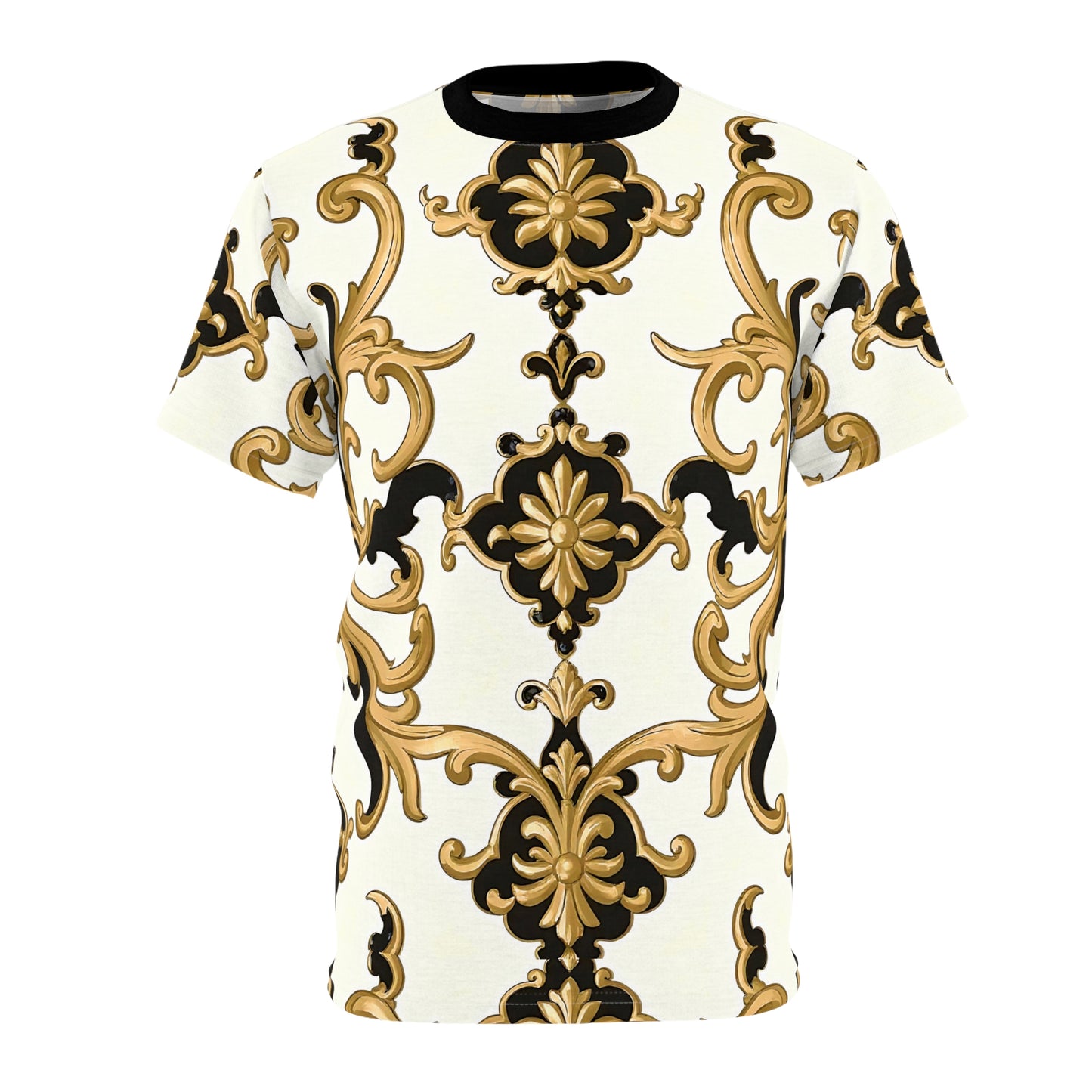 Elegant Baroque Print Tee, Unisex Fashion Top, Stylish Casual Wear, Perfect Gift for Fashion Lovers - Black & Gold Rococo