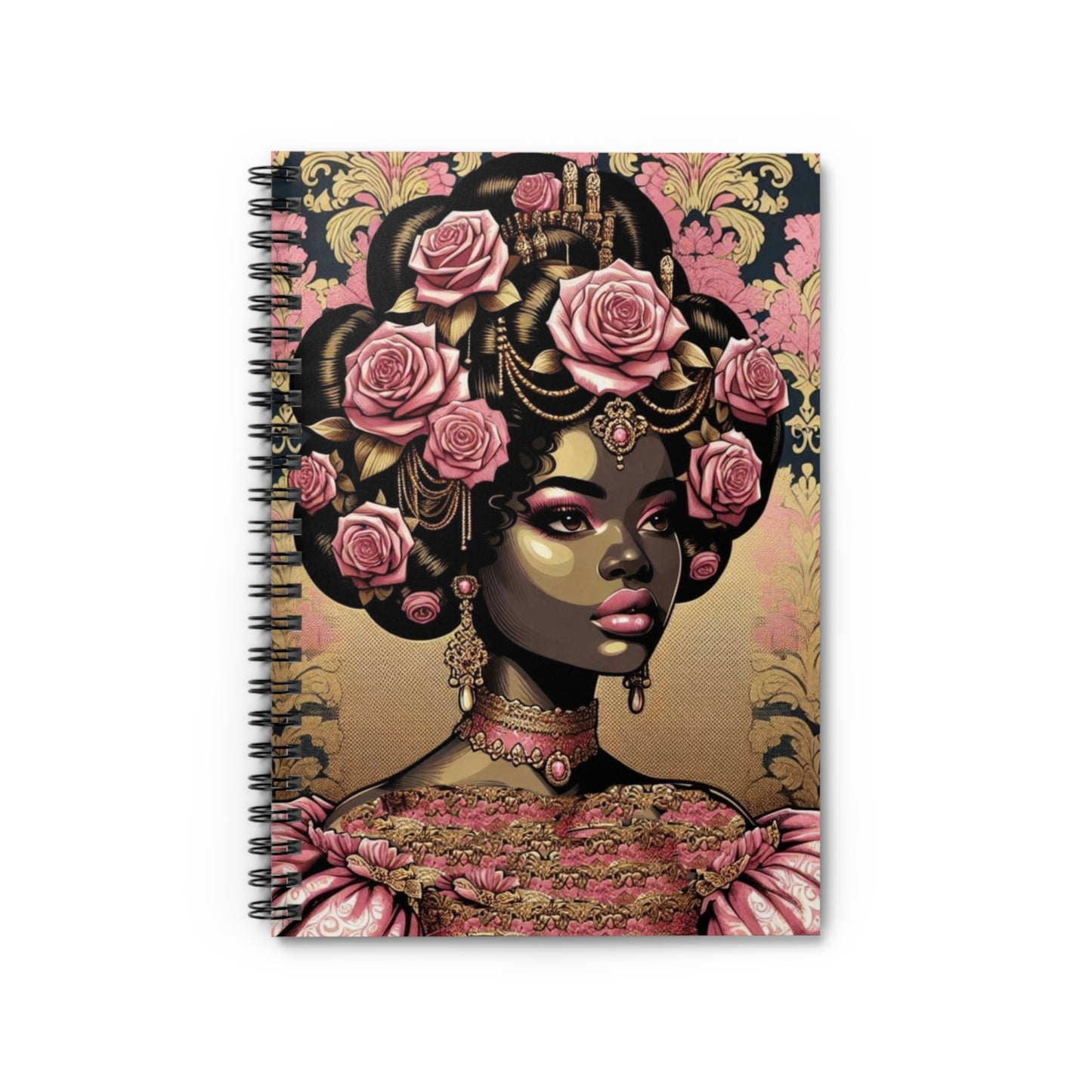 Elegant Vintage Spiral Notebook - Ruled Line with Lady In Pink Damask Design