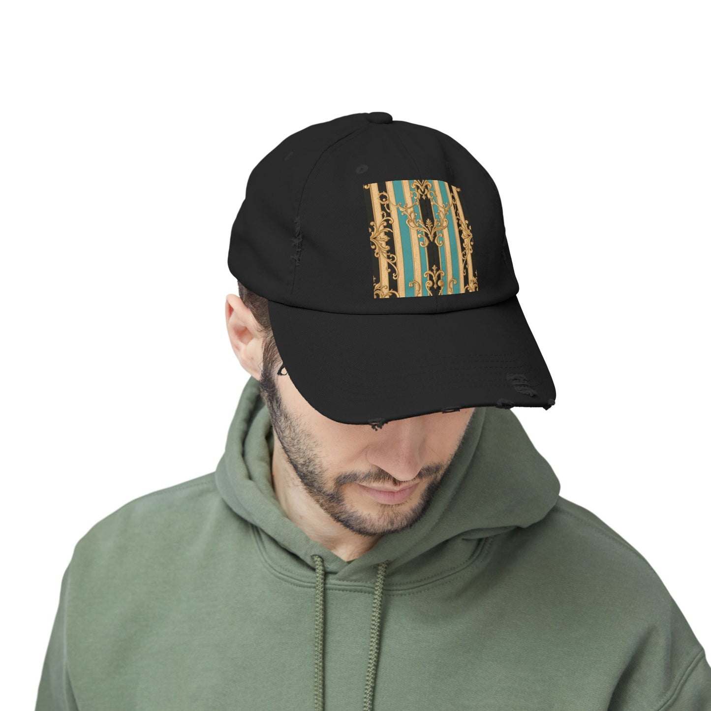 Distressed Black, Tan & Ocean Green Striped Gold Baroque Cap with Elegant Stripe Design | Vintage-Inspired Accessories, Unisex Casual Hat