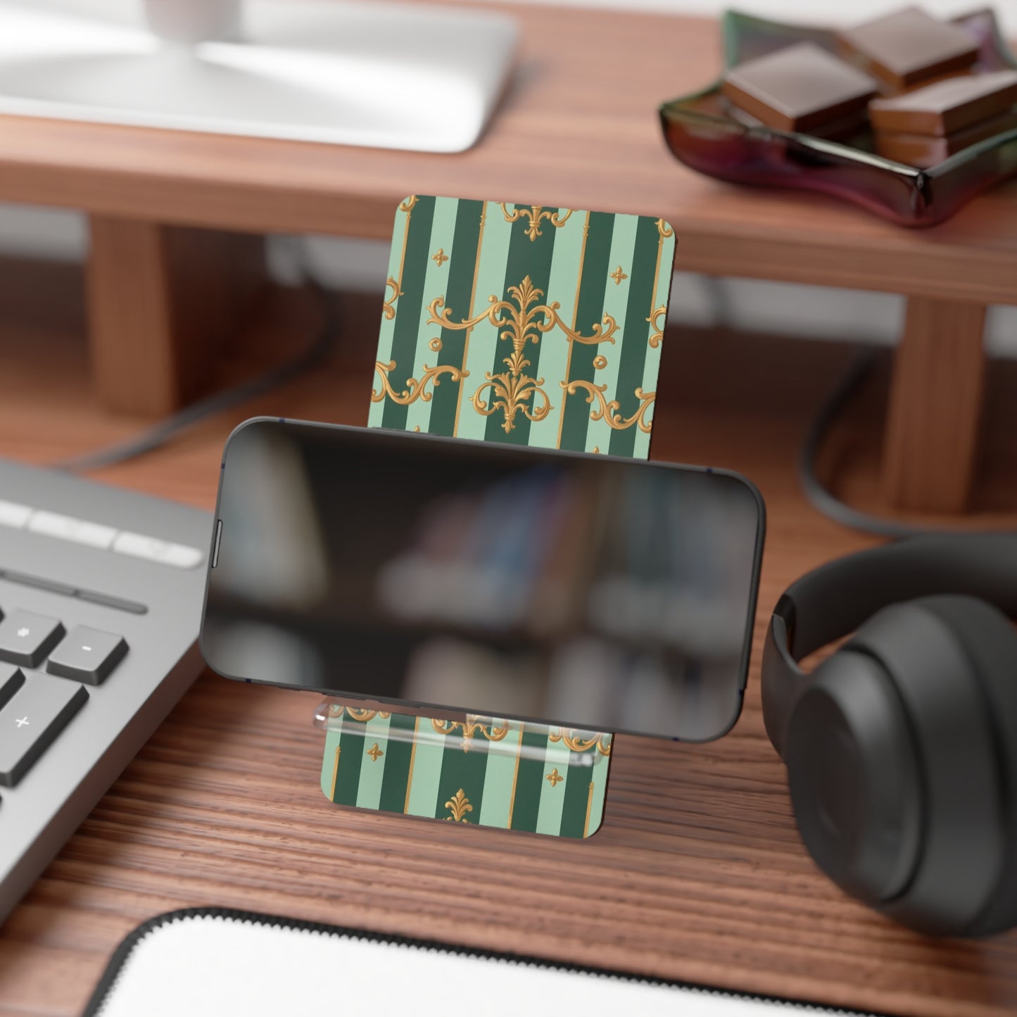 Elegant Smartphone Stand, Decorative Phone Holder, Desk Organizer, Gift for Tech Lovers - Mint Green & Teal Striped Gold Baroque