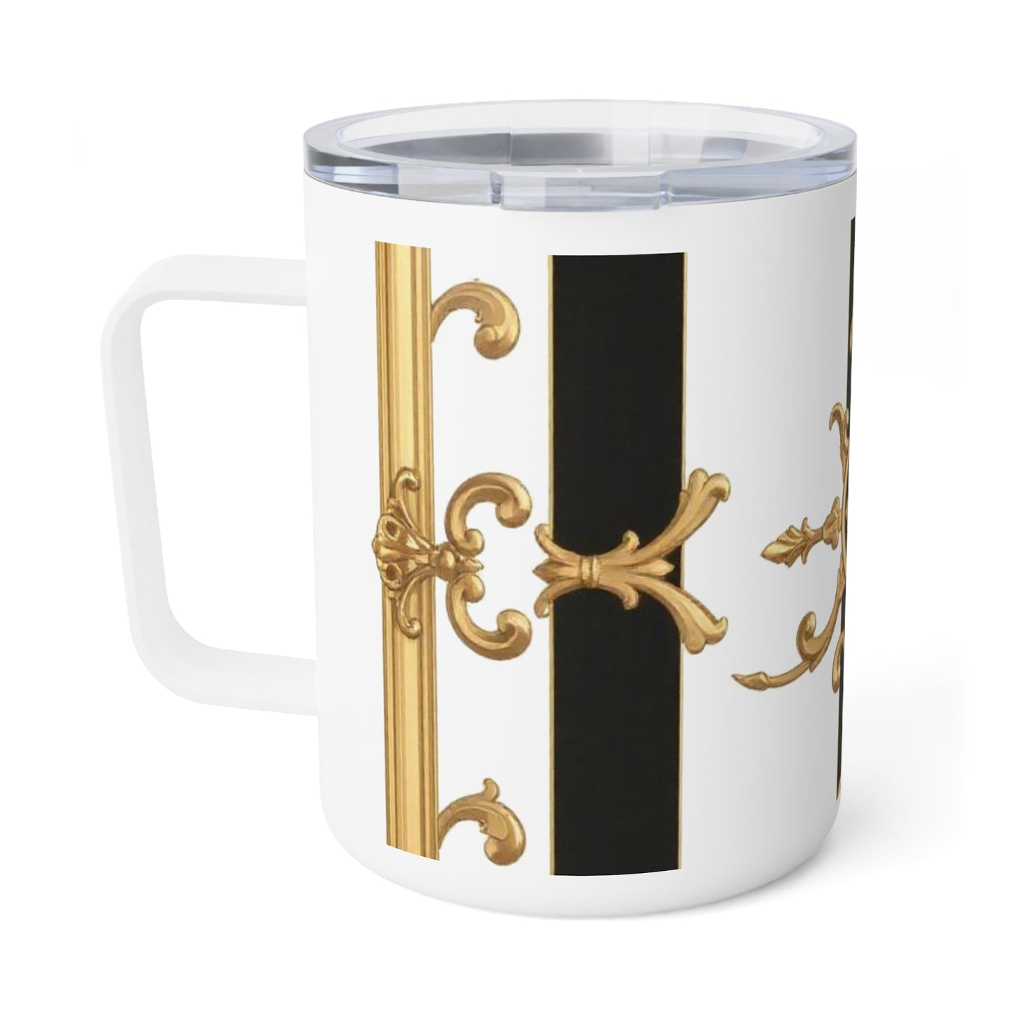 Elegant Insulated Coffee Mug, 10oz | Luxury Travel Mug, Gold Accent Drinkware, Stylish Gift for Coffee Lovers - Black & White Striped Gold Baroque
