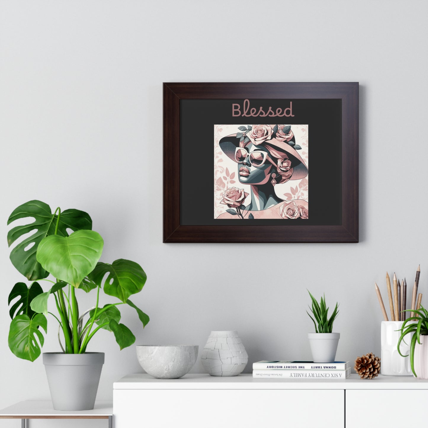 Framed Art Print: Blessed Floral Wall Decor, Inspirational Home Gift, Boho Art for Living Room, Stylish Gift for Friends, Modern Wall Art