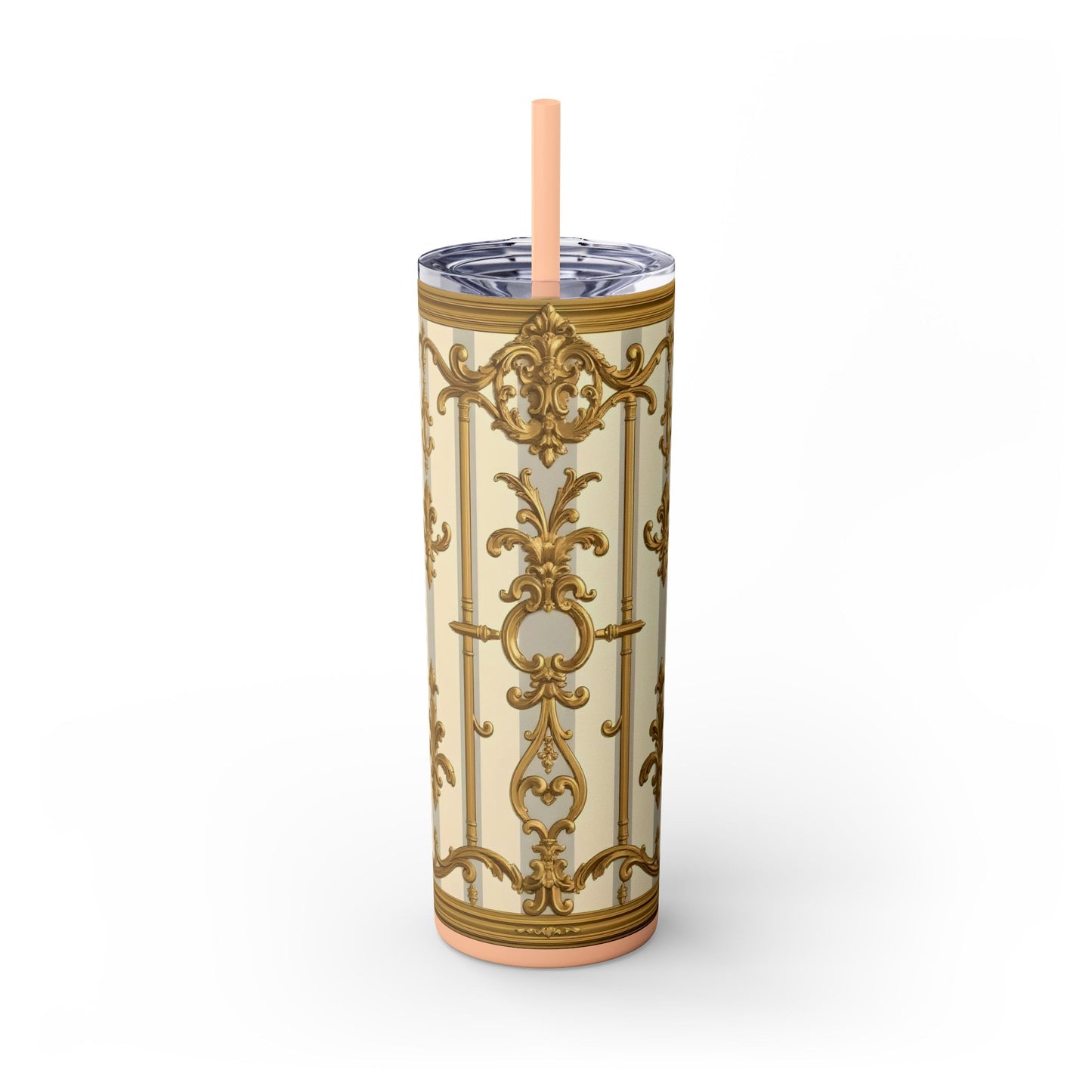 Elegant Vintage Skinny Tumbler with Straw, 20oz - Golden Baroque Design for Weddings, Parties - Matte Gray & Cream Striped Gold Baroque