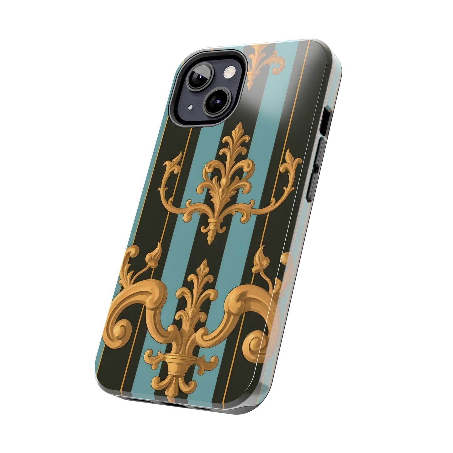 Elegant Baroque Tough Phone Case, Stylish Phone Cover, Durable iPhone Case, Unique Gift - Black & Turquoise Striped Baroque