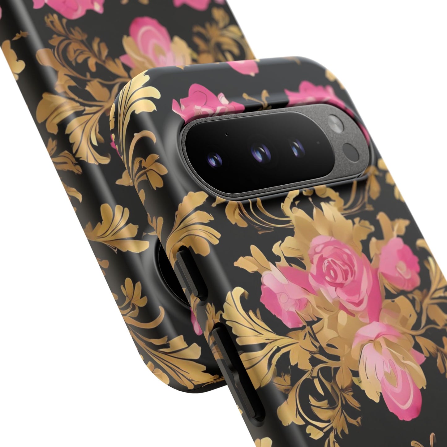 Elegant Floral Motif Phone Case - Tough Cases with Vintage Design - Pink & Gold Roses