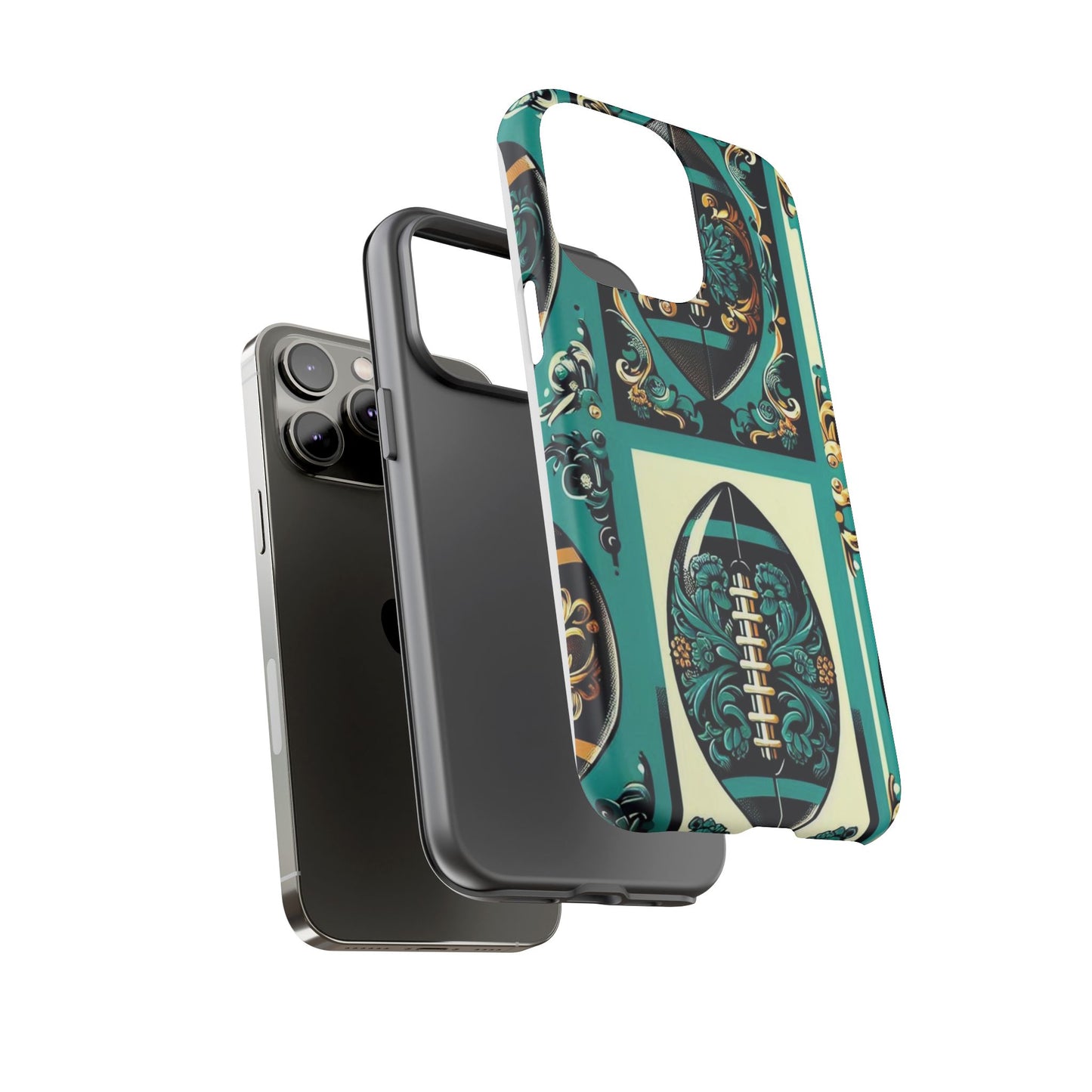 Elegant Floral Motif Phone Case - Tough Cases with Vintage Design -  Damask Teal, Gold & Black Footballs