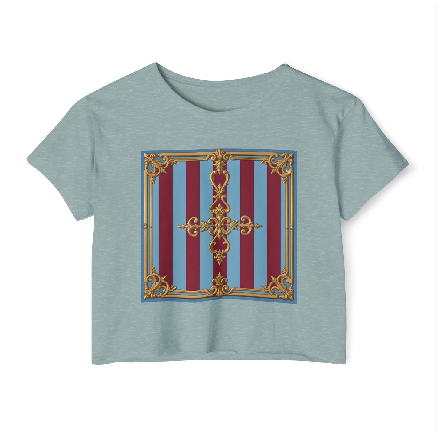 Women's Baroque Festival Crop Top, Summer Crop Tee, Casual Festival Wear, Concert Top, Eco-Friendly Fashion - Sky Blue & Maroon Striped Baroque