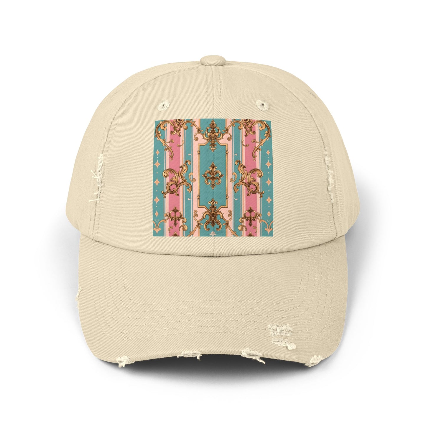 Stylish Unisex Distressed Cap with Floral Pattern, Casual Hat, Trendy Headwear, Summer Accessory - Pink & Matte Turquoise Striped Rococo