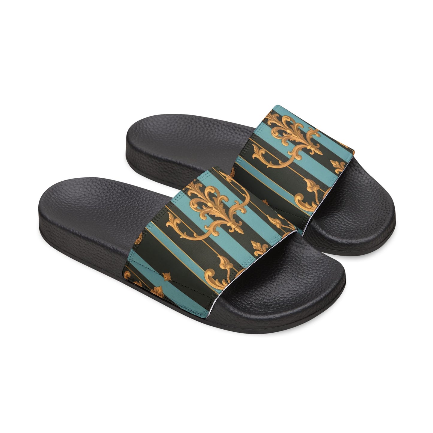 Chic Women's Removable-Strap Sandals - Stylish Summer Footwear, Poolside Essential, Vacation Must-Have - Black & Turquoise Striped Baroque