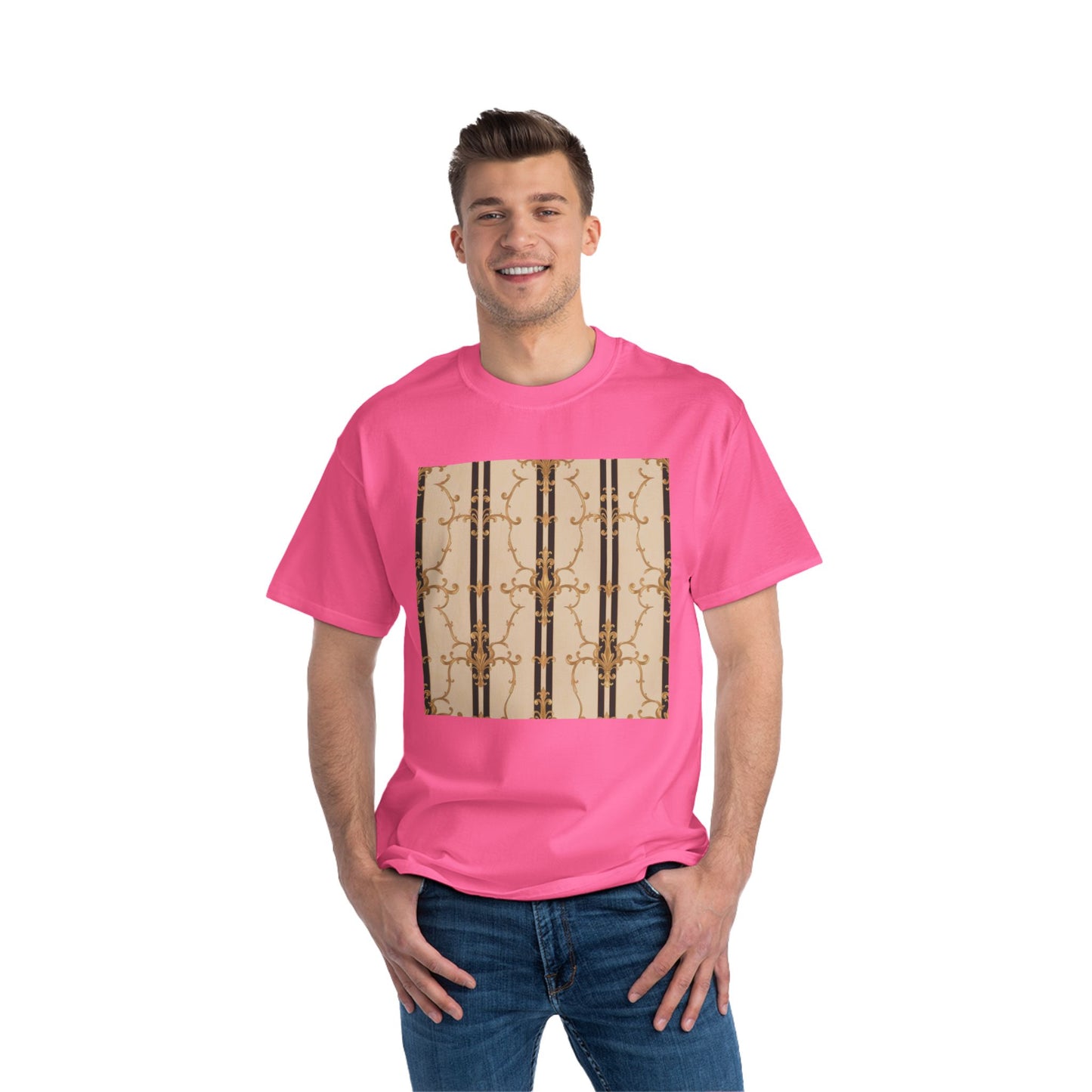 Stylish Graphic Tee for Casual Wear, Fashionable Short-Sleeve Shirt, Unique Summer Top - Black & Beige Striped Damask