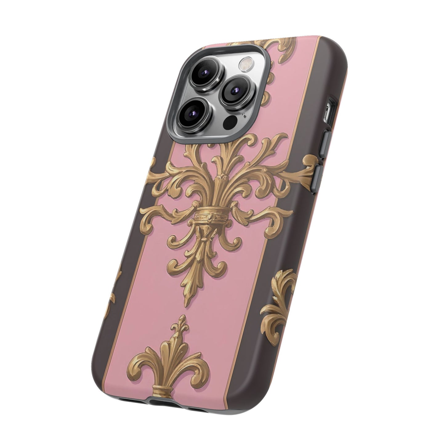 Elegant Floral Motif Phone Case - Tough Cases with Vintage Design - Pink & Brown Striped Gold Damask